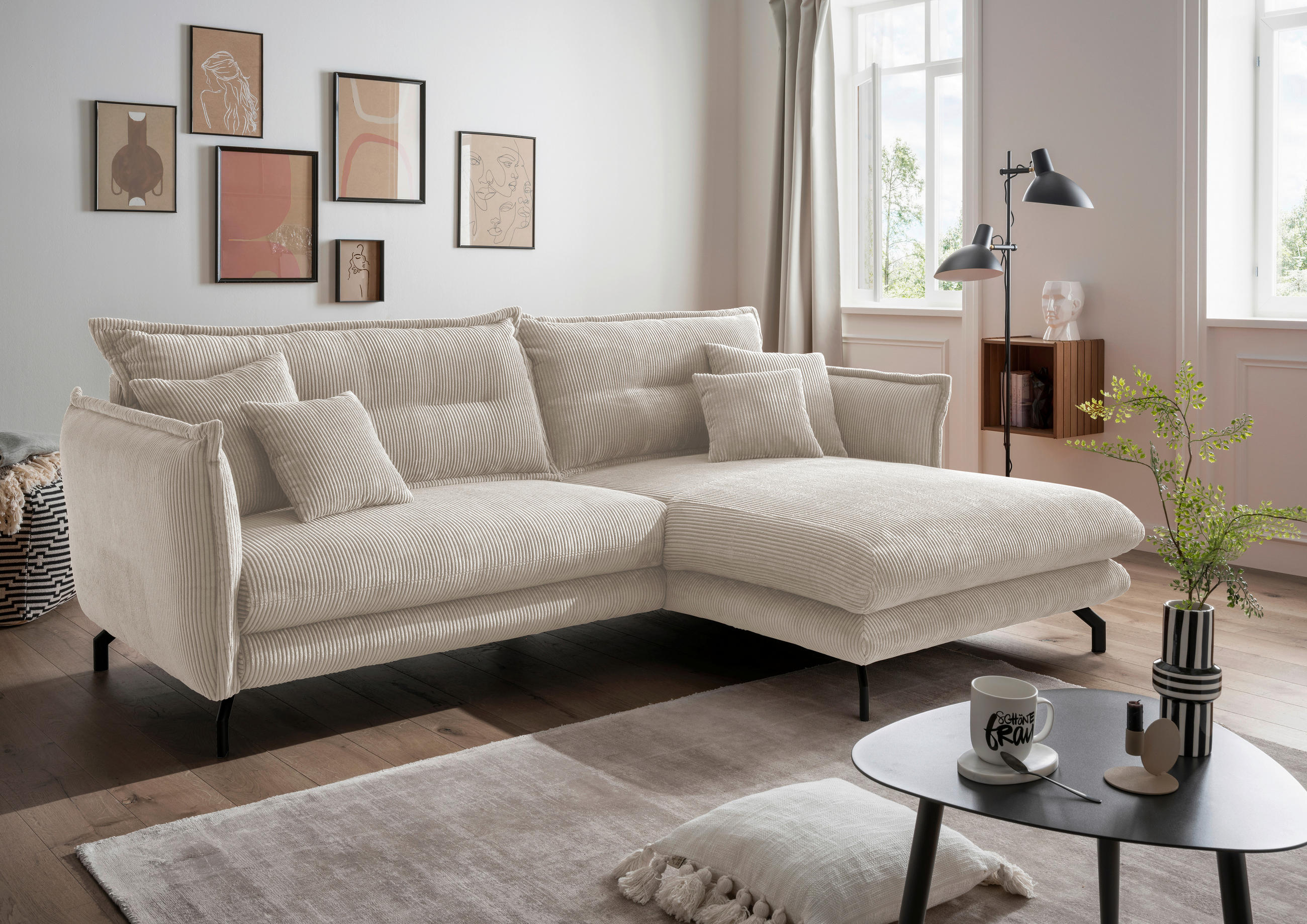 ECKSOFA Beige Cord  - Beige/Schwarz, MODERN, Textil/Metall (255/180cm) - Livetastic
