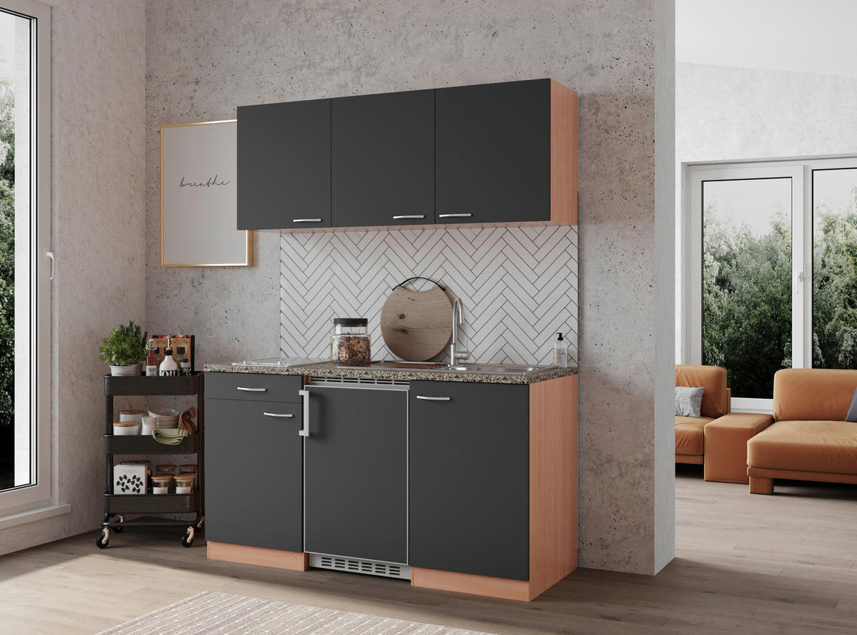 MINIKÜCHE 150 cm   in Grau, Buchefarben  - Buchefarben/Alufarben, Konventionell, Holzwerkstoff/Kunststoff (150cm) - Respekta