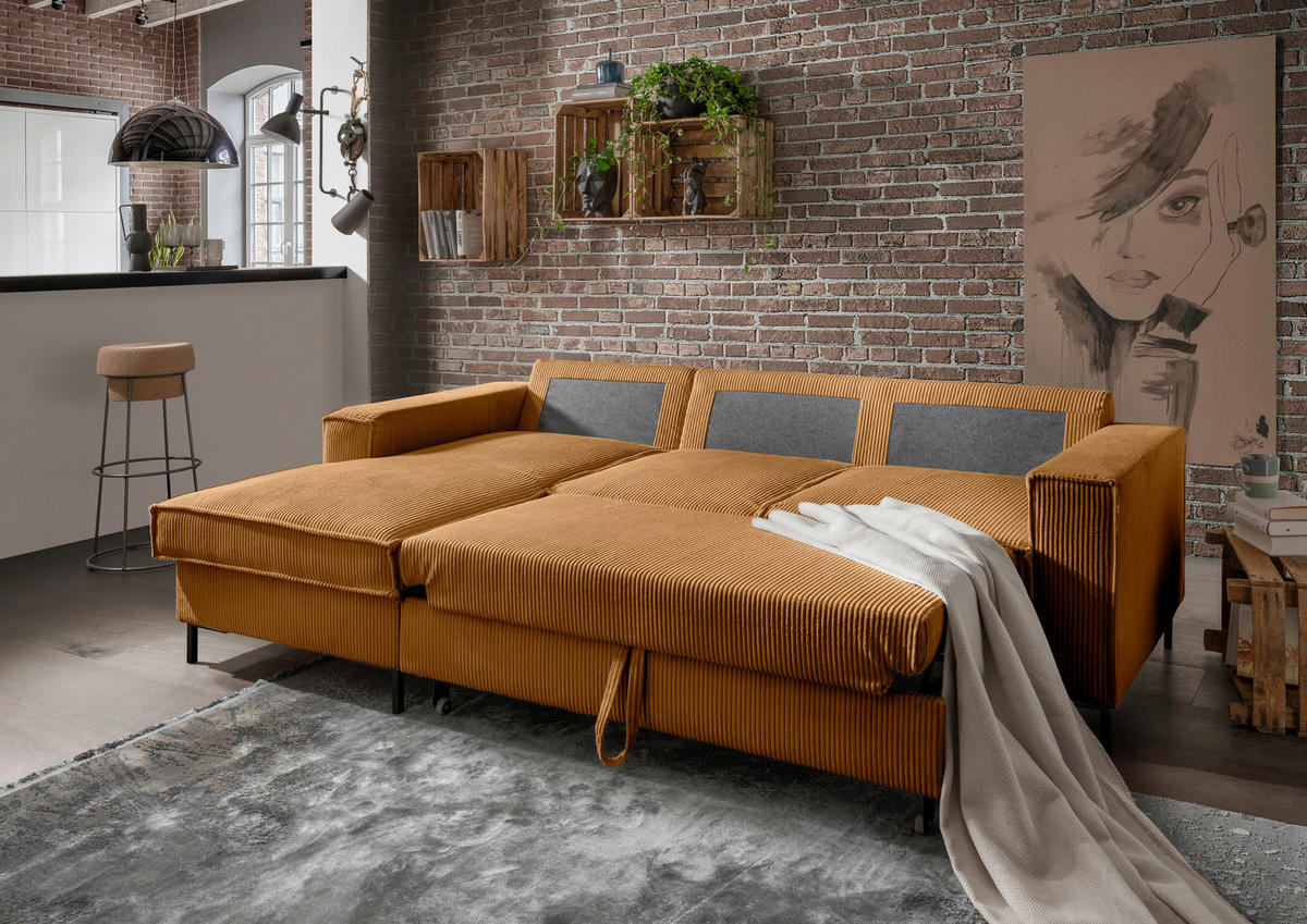 ECKSOFA Goldfarben Cord  - Goldfarben/Schwarz, MODERN, Textil/Metall (150/240cm) - Livetastic