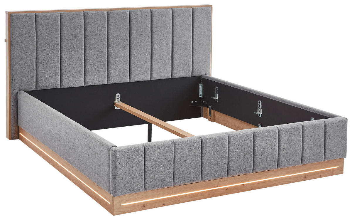 POLSTERBETT 180/200 cm,  in Grau, Beleuchtung,  - Eichefarben/Grau, Design, Holzwerkstoff/Textil (180/200cm) - Stylife