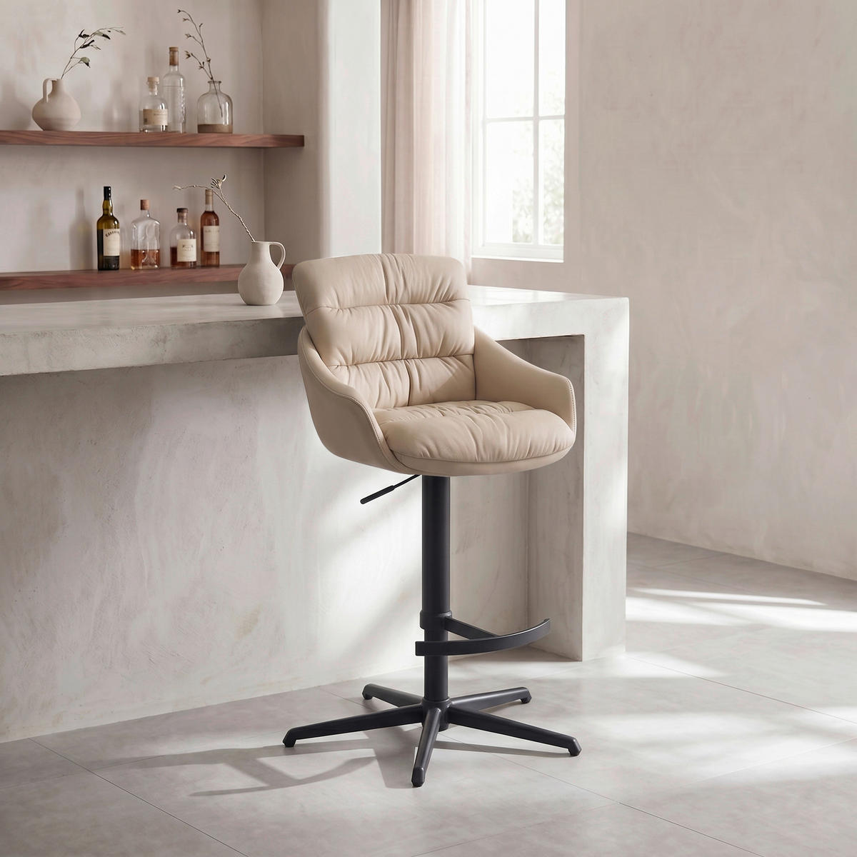 BARHOCKER Webstoff Echtleder Beige Stahl Sitzfläche 360° drehbar, inklusive Armlehnen, automatische Rückholfunktion  - Beige/Schwarz, Design, Leder/Textil (58/103-120/61cm) - Dieter Knoll