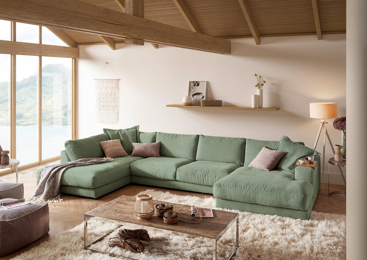 WOHNLANDSCHAFT in Cord Dunkelgrün  - Dunkelgrün/Schwarz, Design, Kunststoff/Textil (224/425/190cm) - Hom`in