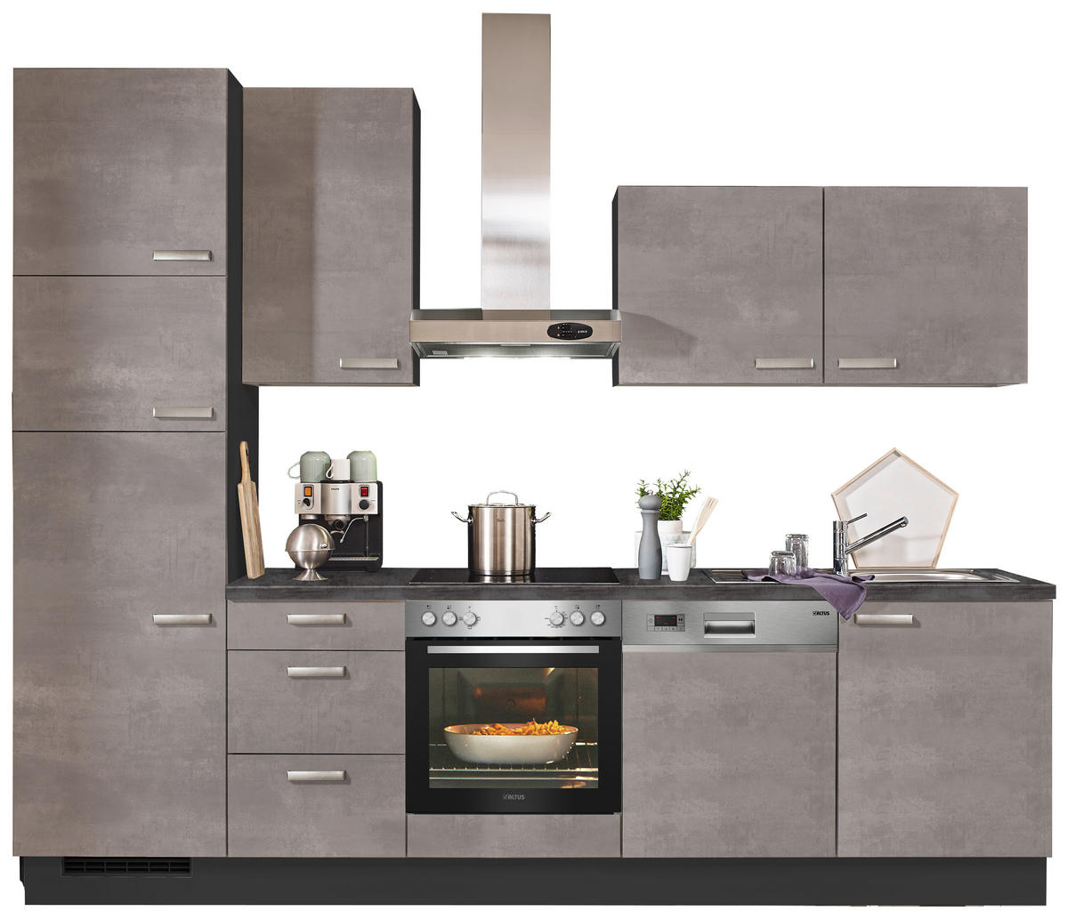 KÜCHENBLOCK 290 cm   in Graphitfarben, Grau  - Edelstahlfarben/Graphitfarben, KONVENTIONELL, Holzwerkstoff/Metall (290cm) - Xora