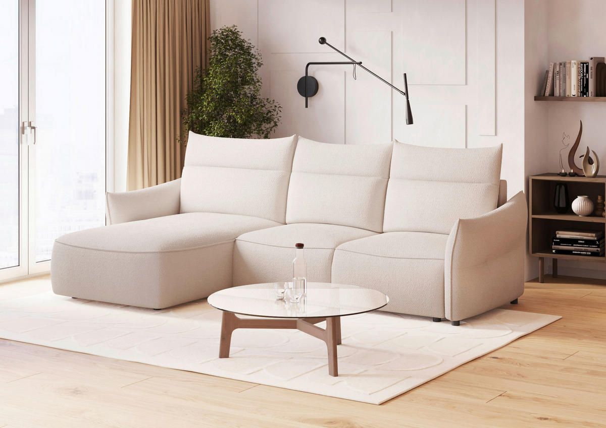 ECKSOFA Creme Webstoff Rückenkissen, Bettkasten, Schlaffunktion, Rücken echt, Liegefläche im Originalstoff  - Creme/Schwarz, KONVENTIONELL, Kunststoff/Textil (179/306cm) - Milino