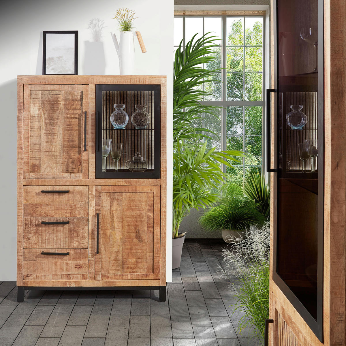 HIGHBOARD  in 95/145/43 cm  - Schwarz/Naturfarben, MODERN, Glas/Holz (95/145/43cm) - Livetastic