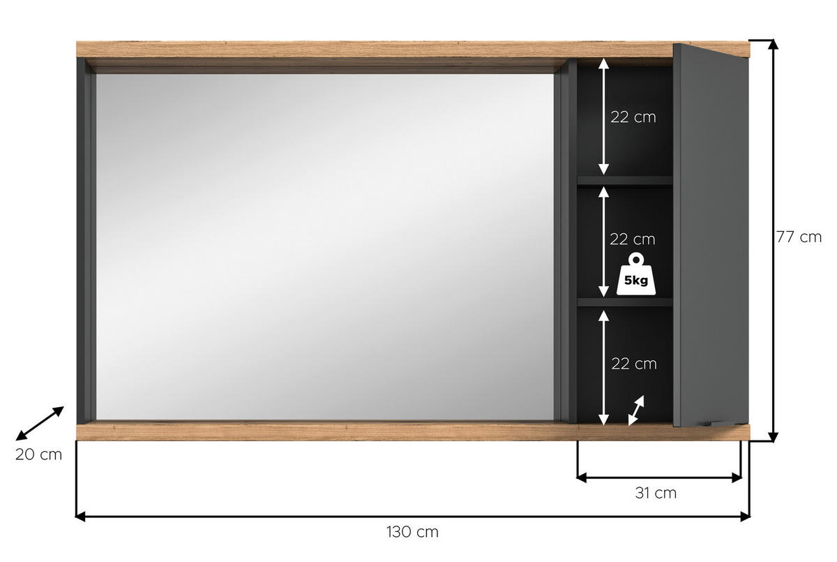 SPIEGELSCHRANK 130/76/20 cm  - Anthrazit/Schwarz, Basics, Glas/Holzwerkstoff (130/76/20cm) - MID.YOU