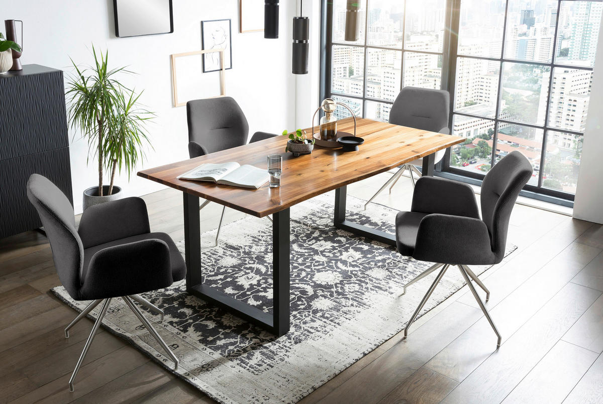 TISCHGRUPPE Struktur Akazie massiv Dunkelgrau, Cognac  - Dunkelgrau/Cognac, MODERN, Holz/Textil (160/85/77cm) - Livetastic