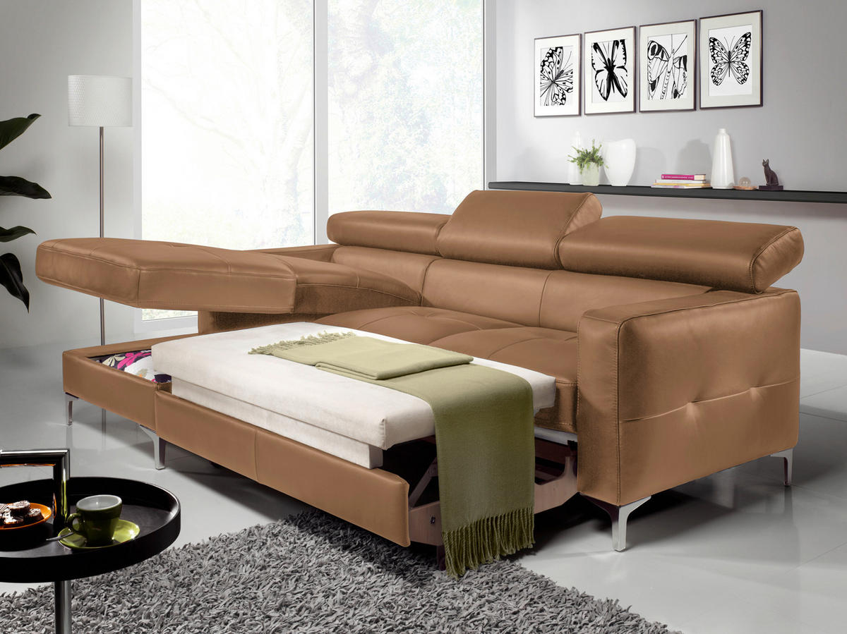 ECKSOFA Cappuccino Echtleder  - Chromfarben/Cappuccino, Design, Leder/Metall (168/227cm) - Livetastic