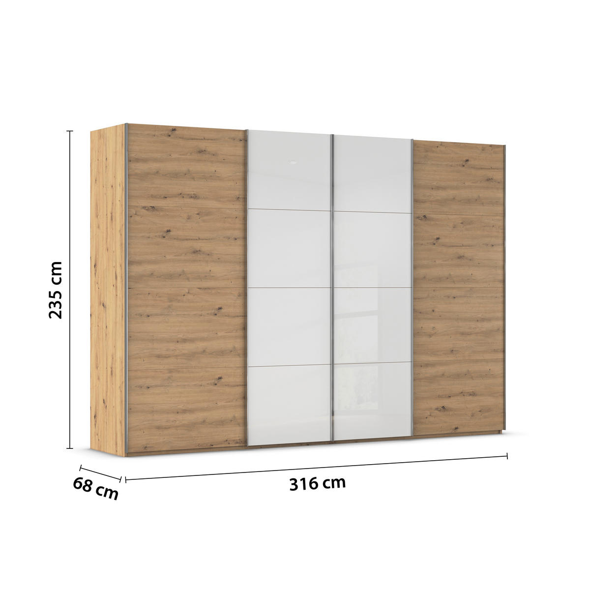 SCHWEBETÜRENSCHRANK 316/235/68 cm 4-türig Weiß, Eiche Artisan  - Chromfarben/Weiß, KONVENTIONELL, Glas/Holzwerkstoff (316/235/68cm) - Novel