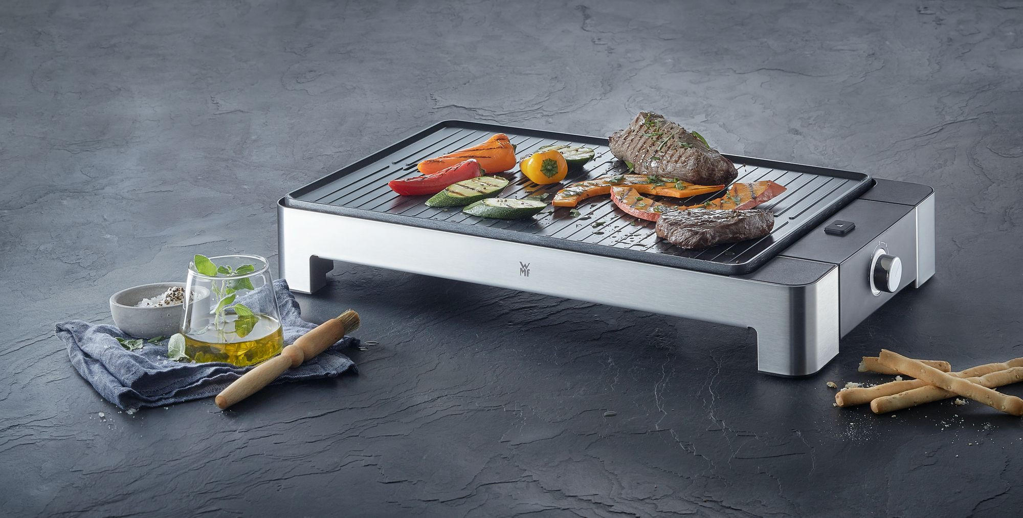 TISCHGRILL 2000 W - Edelstahlfarben/Schwarz, Basics, Metall (53,5/7,5/29,5cm) - WMF