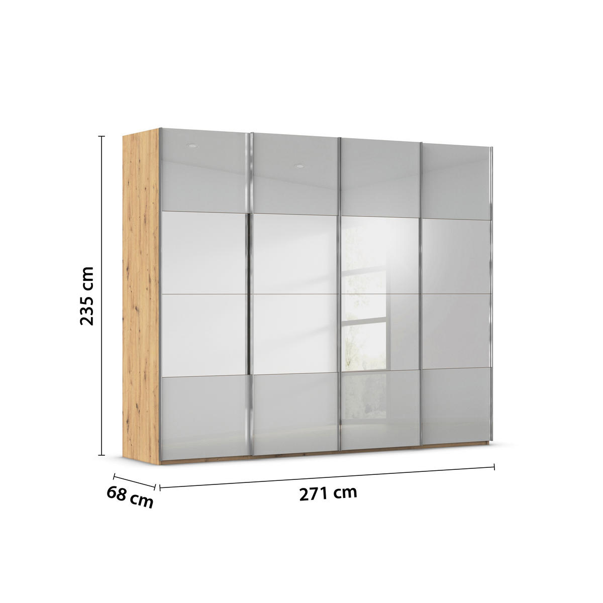 SCHWEBETÜRENSCHRANK 271/235/68 cm 4-türig Eiche Artisan, Seidengrau  - Chromfarben/Seidengrau, Design, Glas/Holzwerkstoff (271/235/68cm) - Novel