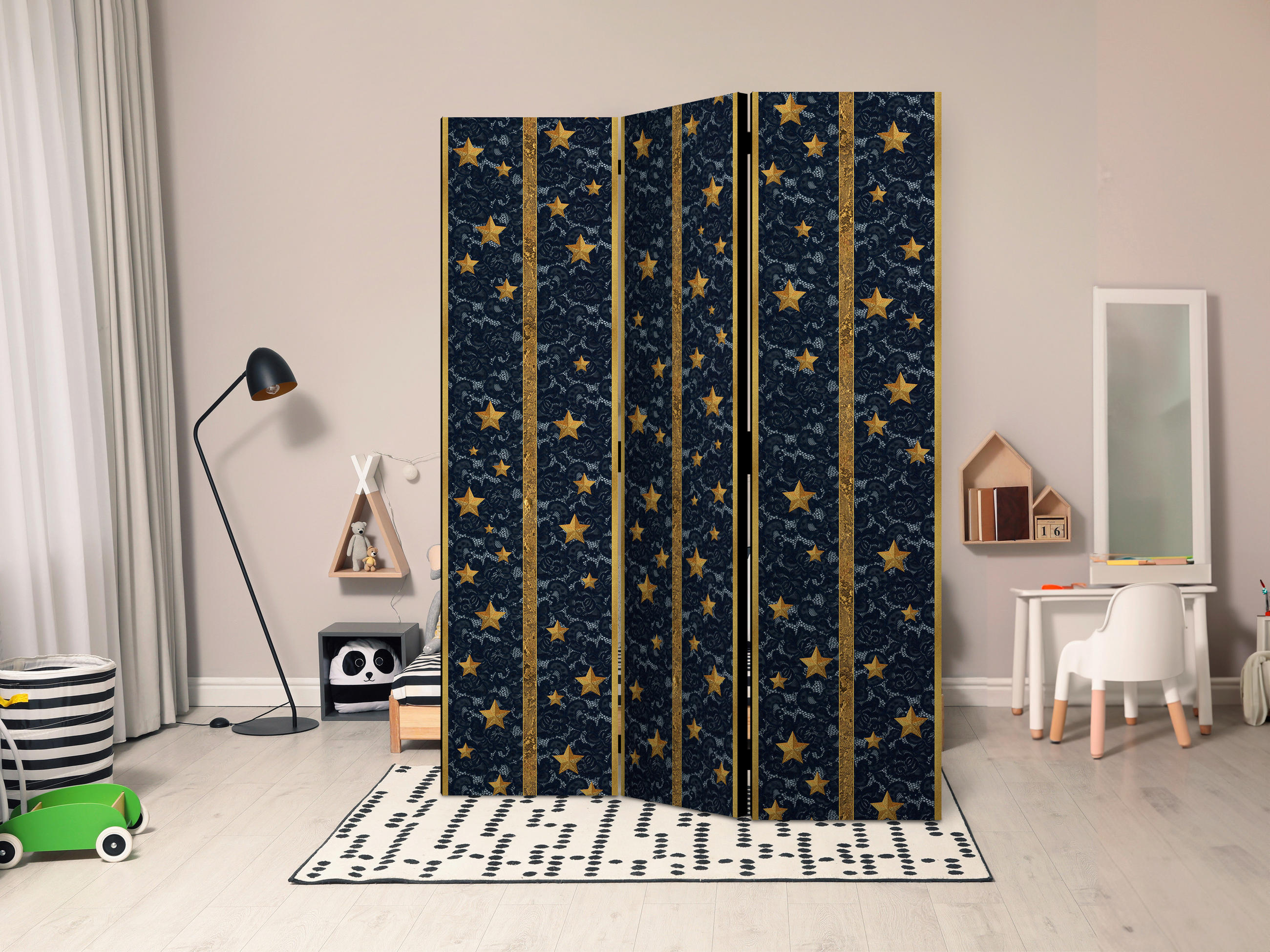 SKÄRMVÄGG  i trä, textil  blå, guldfärgad  - blå/guldfärgad, Basics, trä/textil (135/172/3cm) - artgeist