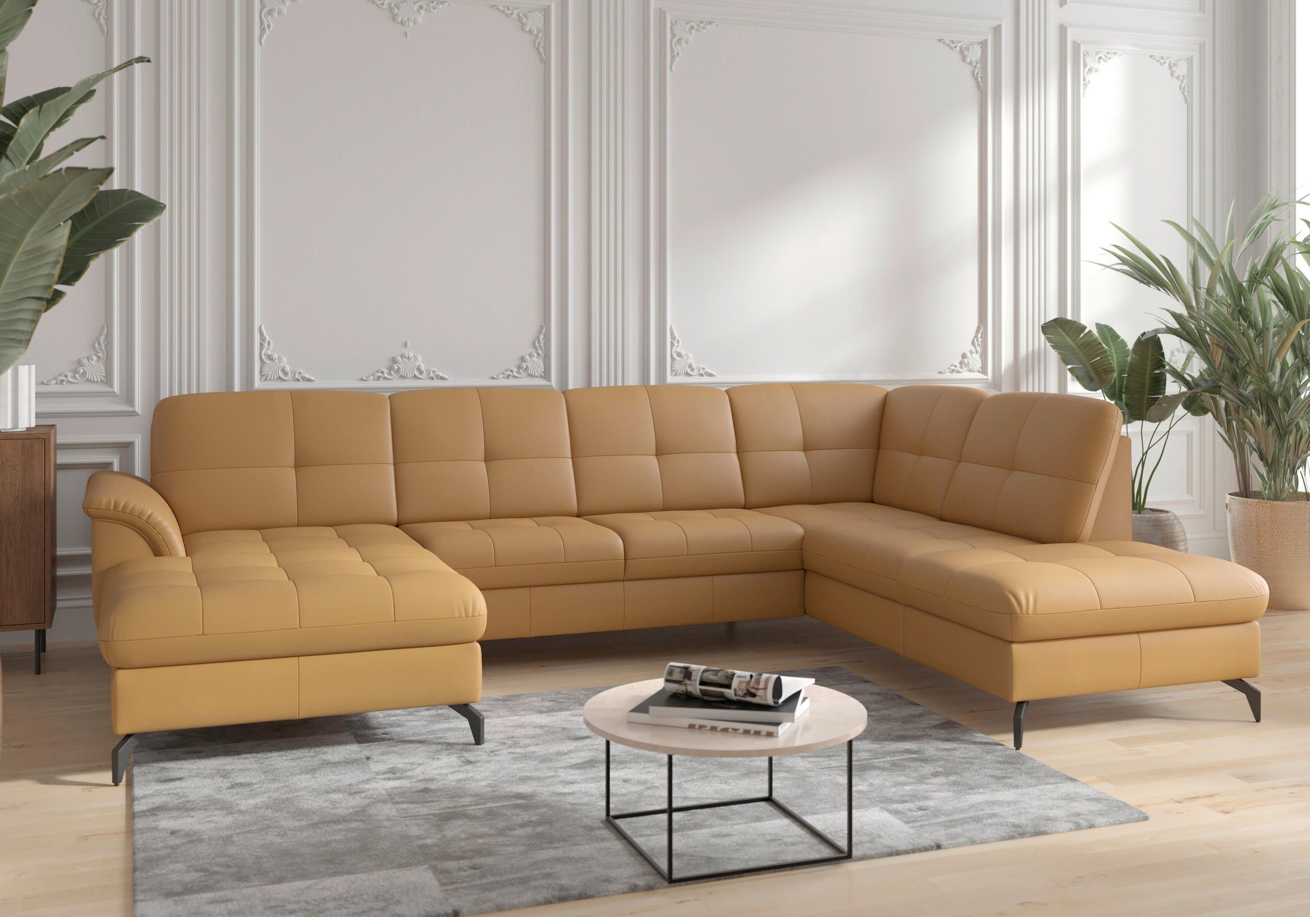 WOHNLANDSCHAFT in Vliesstoff Kombination Echtleder/Stoff Currygelb  - Currygelb/Schwarz, MODERN, Leder/Textil (164/319/212cm) - Sit & More