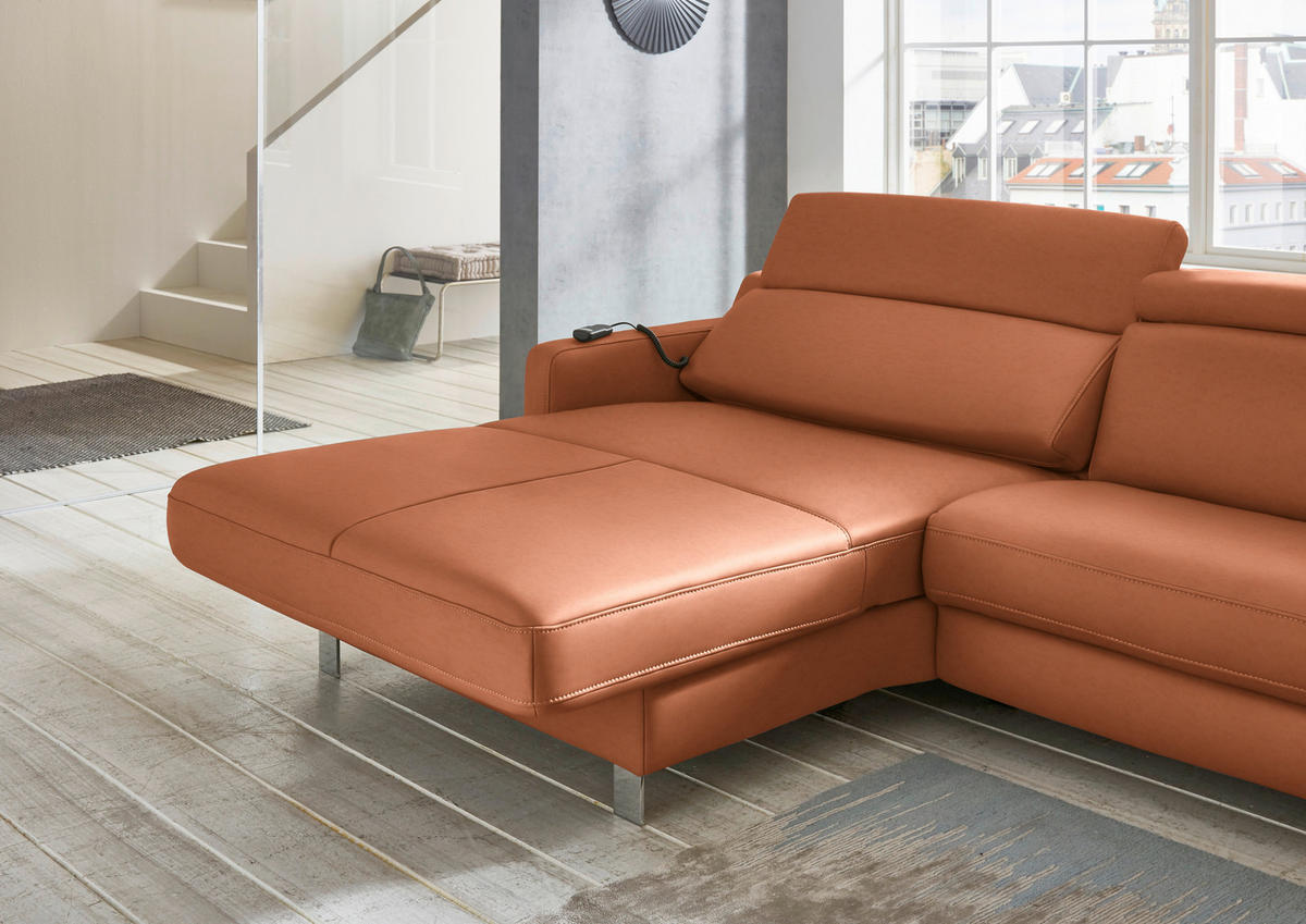 ECKSOFA in Echtleder Cognac  - Chromfarben/Cognac, Design, Leder/Metall (176/291cm) - Valdera