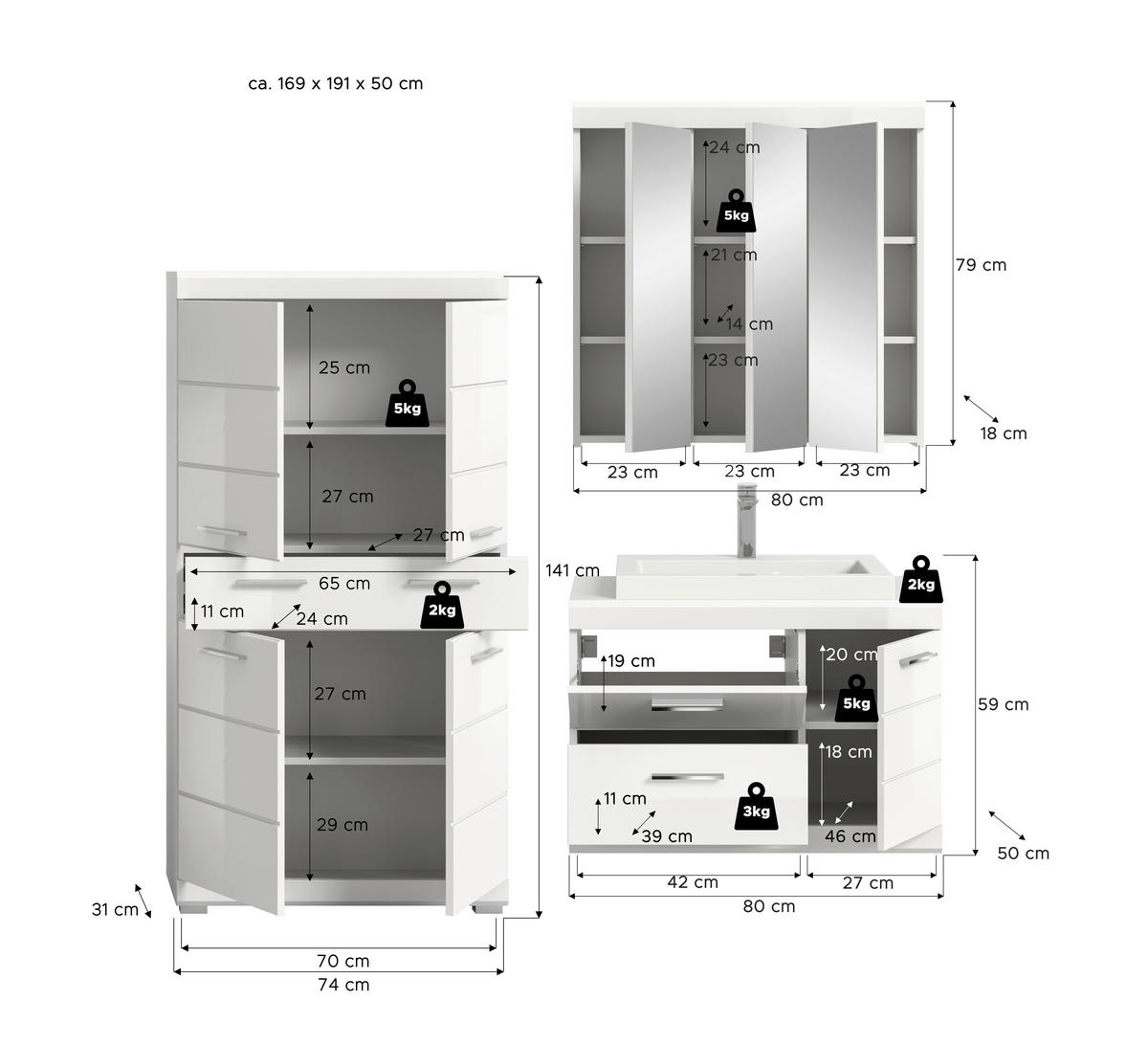 BADEZIMMER 4-teilig  in 169 cm  - Weiß Hochglanz/Silberfarben, Trend, Glas/Holzwerkstoff (169cm) - MID.YOU