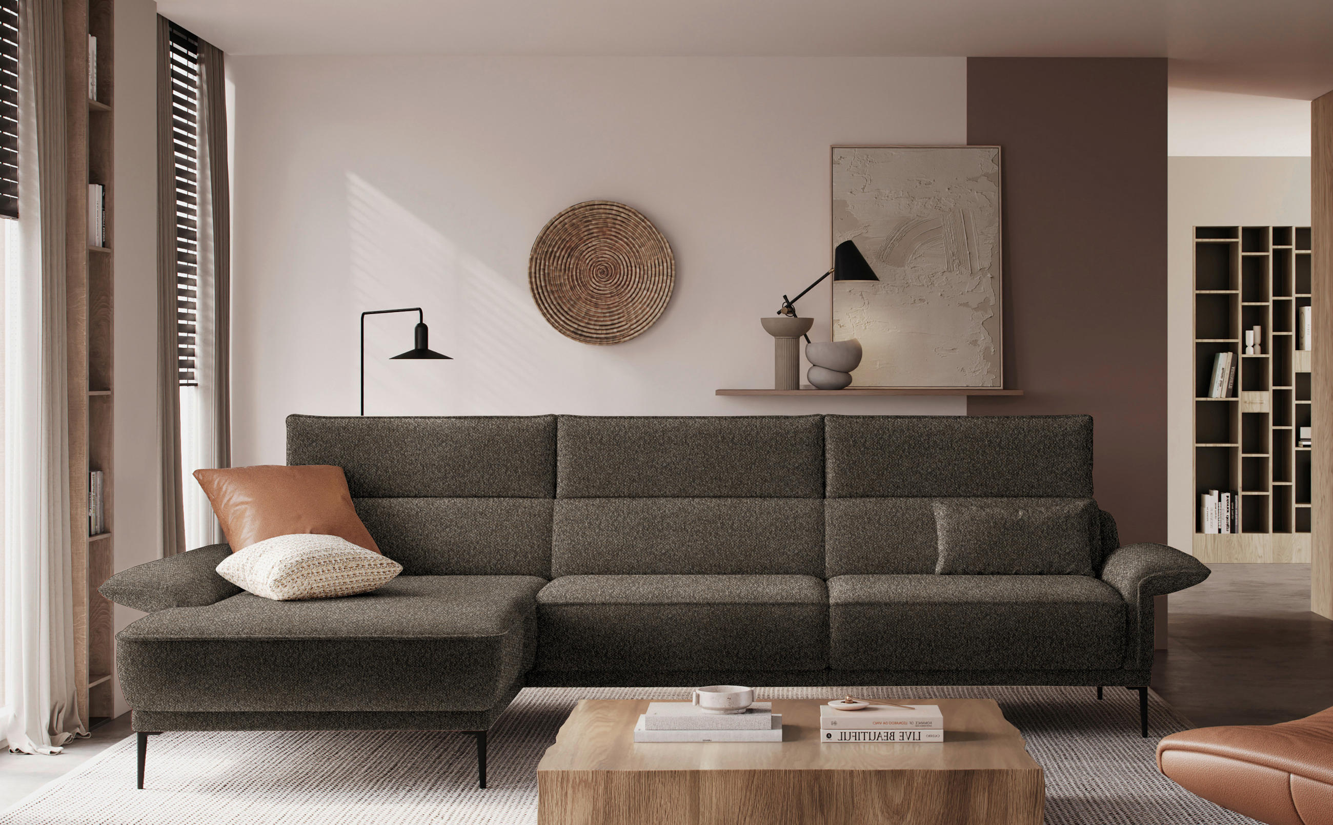 ECKSOFA in Bouclé Taupe  - Taupe/Schwarz, Modern, Textil/Metall (186/330cm) - Johann Jakob