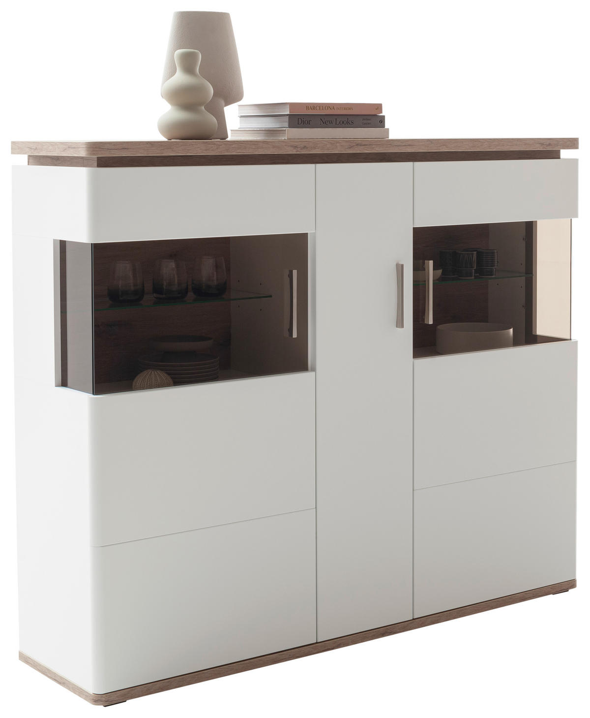 HIGHBOARD Tbilisi  in 150/124/38 cm  - Weiss/Eichefarben, Design, Glas/Holzwerkstoff (150/124/38cm) - Livetastic