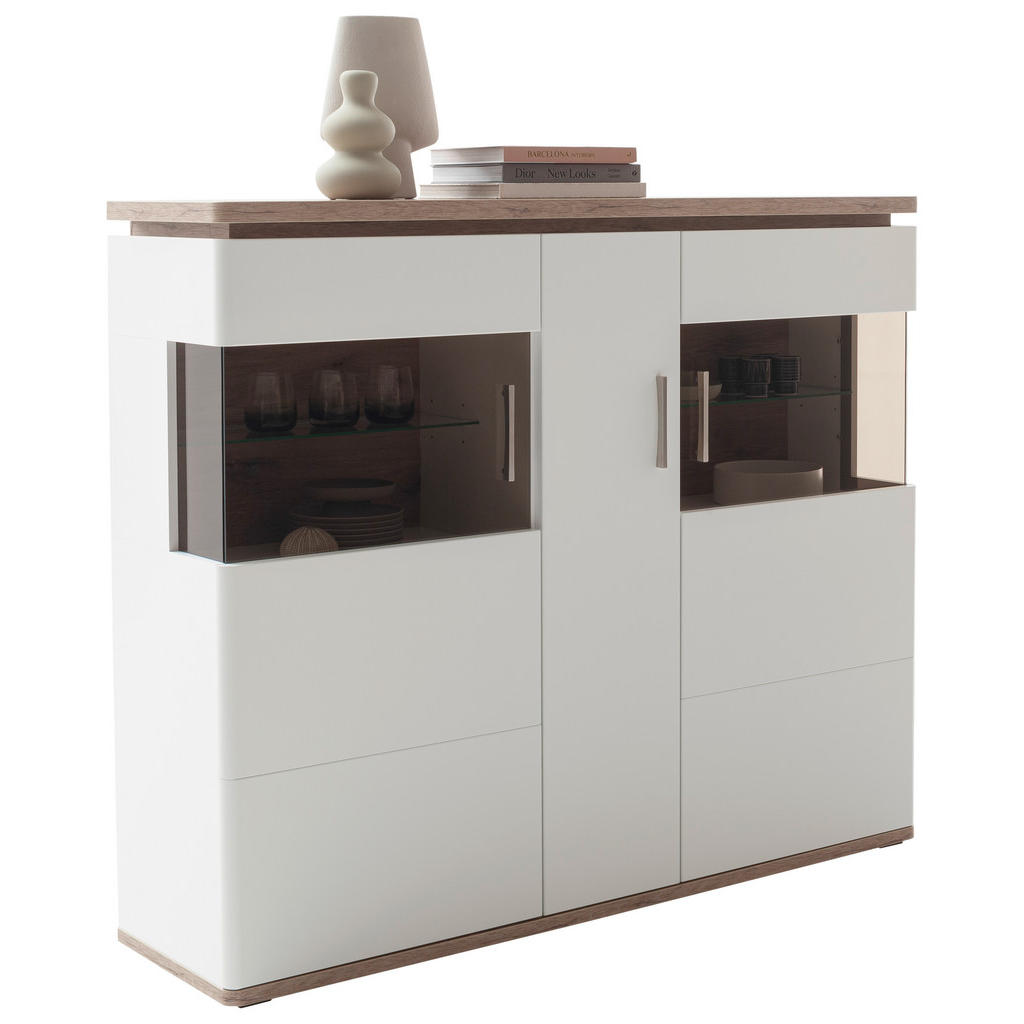 Thumbnail - Livetastic Highboard Palermo, Weiß, Eiche, Glas, Holzwerkstoff, 8 Fächer, 150x124x38 cm, Wohnzimmer, Kommoden & Sideboar...