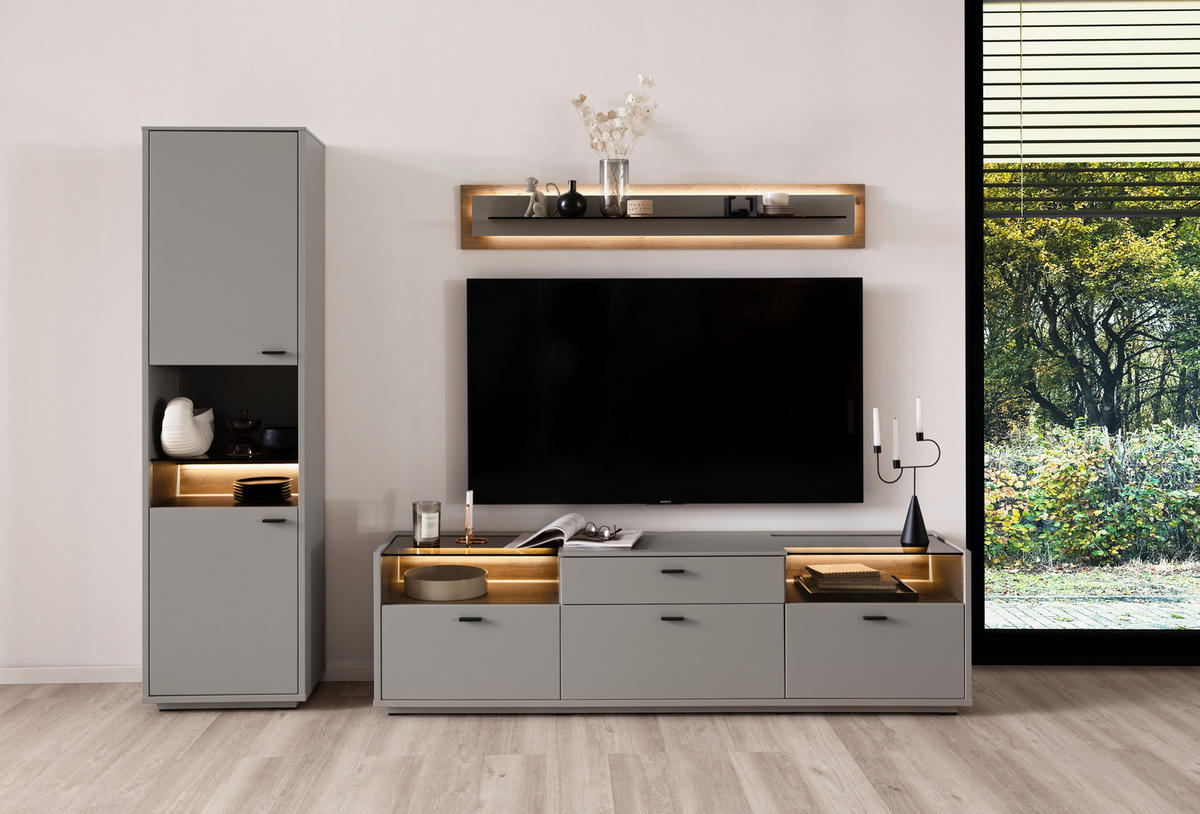 REGAL ZA DNEVNI BORAVAK siva, boje hrasta   - siva/boje hrasta, Moderno, staklo/drvni materijal (271/200/44cm) - Stylife