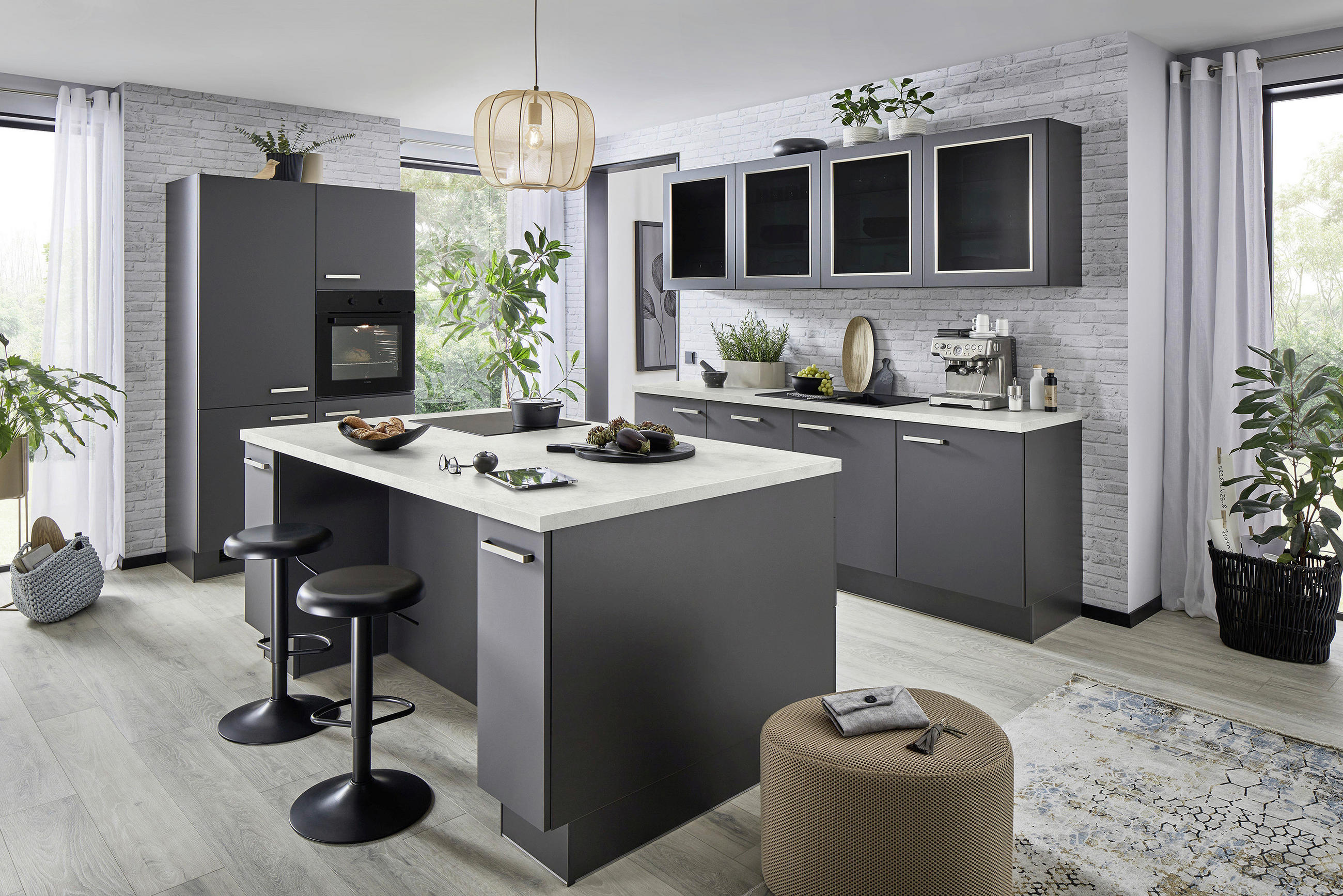 ECKKÜCHE 120/240 cm  in Graphitfarben  - Edelstahlfarben/Hellgrau, KONVENTIONELL, Glas/Holzwerkstoff (120/240cm) - Venda