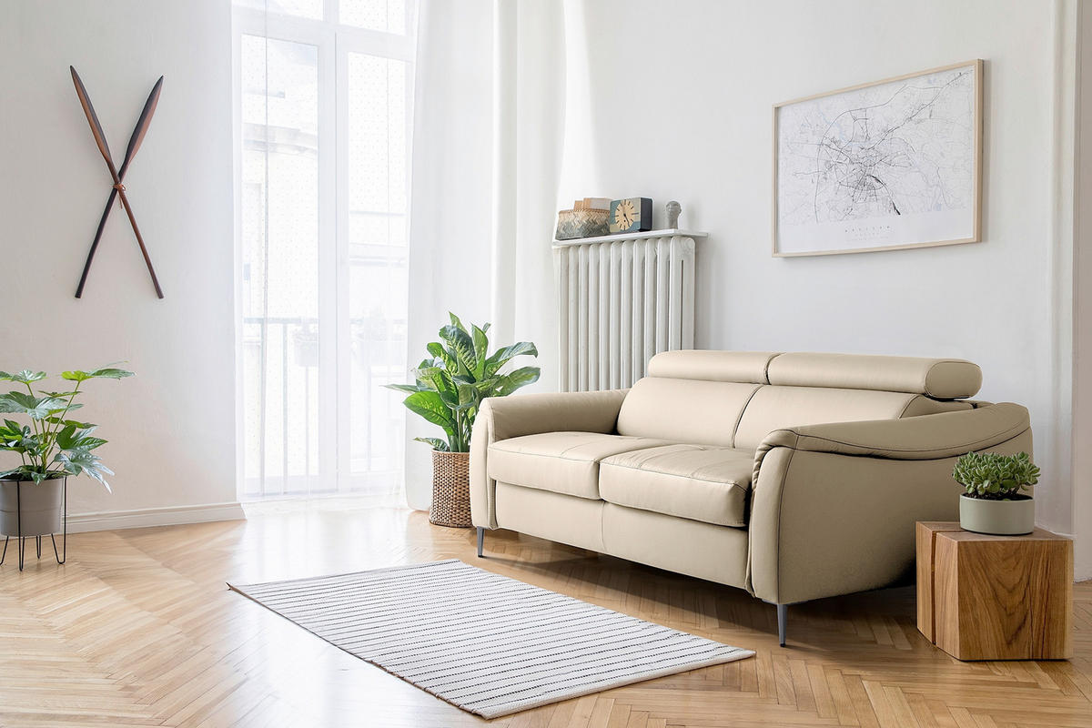 SCHLAFSOFA PAFOS Beige Echtleder Lederlook  - Beige/Schwarz, Design, Leder/Textil (203/77-98/103cm) - MID.YOU