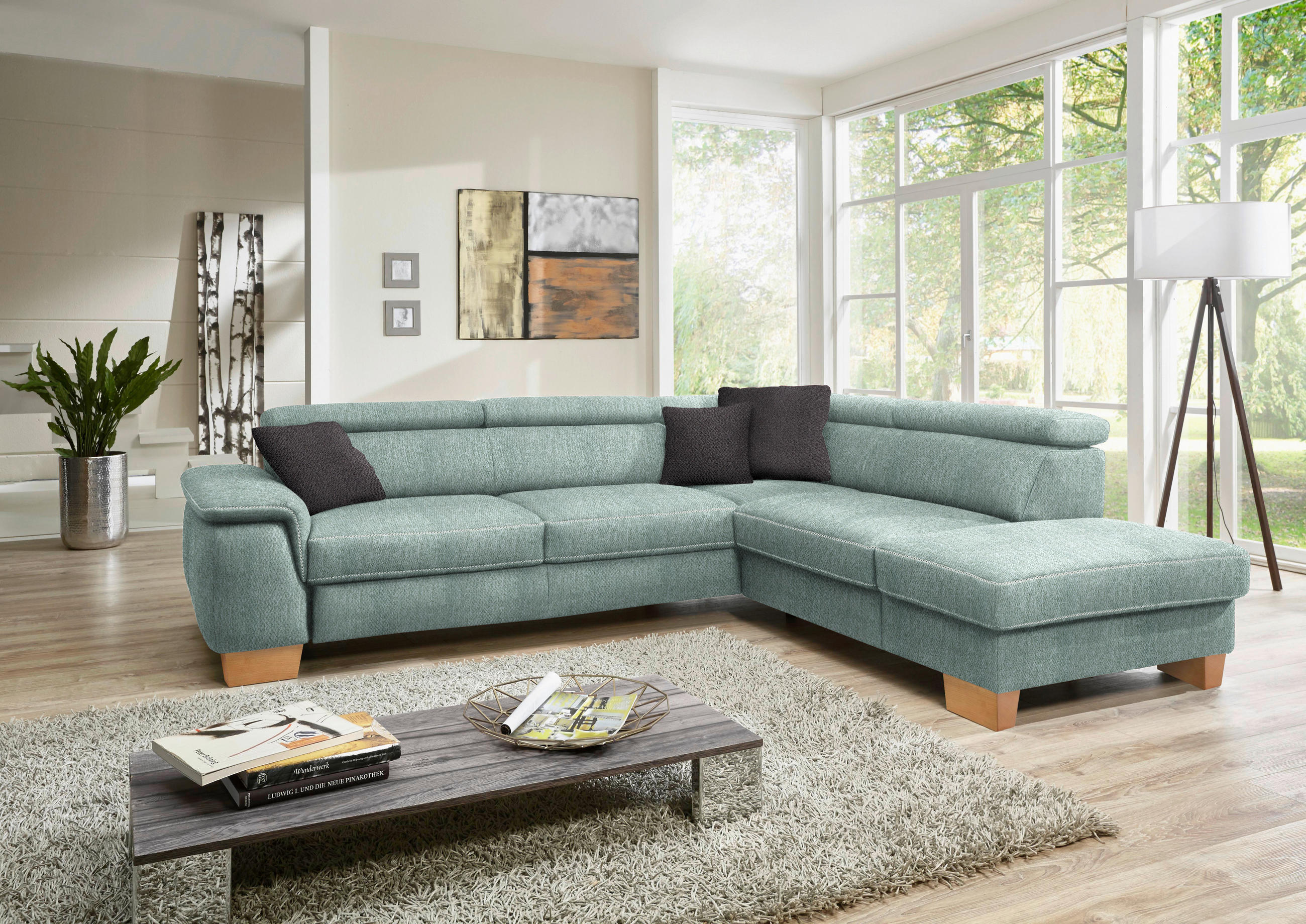 ECKSOFA in Mikrofaser Mintgrün  - Eichefarben/Beige, Natur, Holz/Textil (273/226cm) - Beldomo System