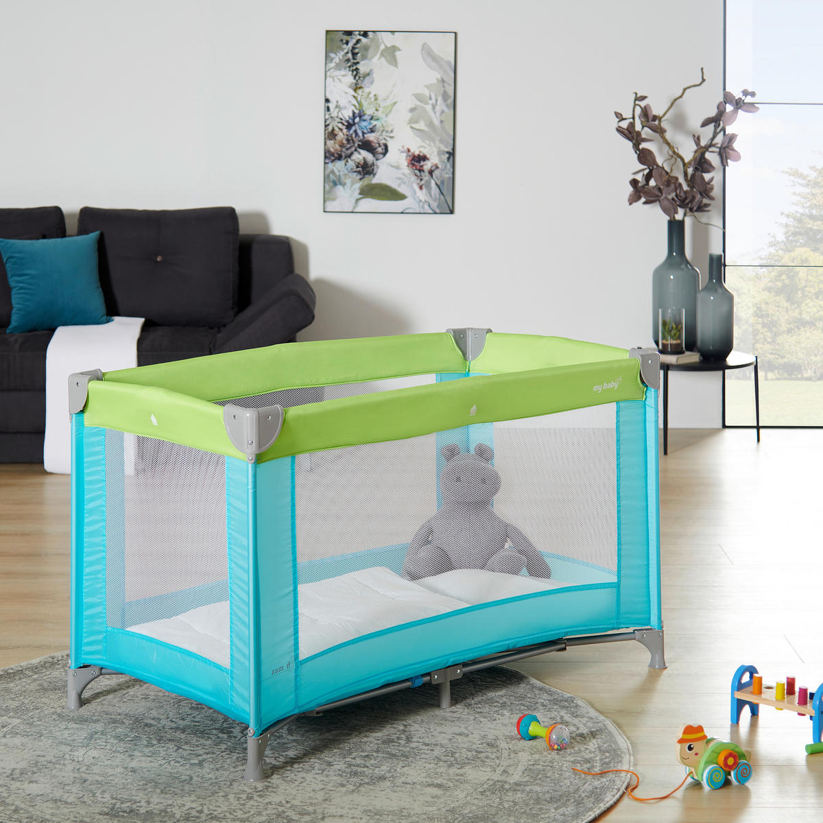 PRENOSIVI KREVETAC  120/60/74 cm     - zelena/plava, Osnovno, metal/tekstil (120/60/74cm) - My Baby Lou