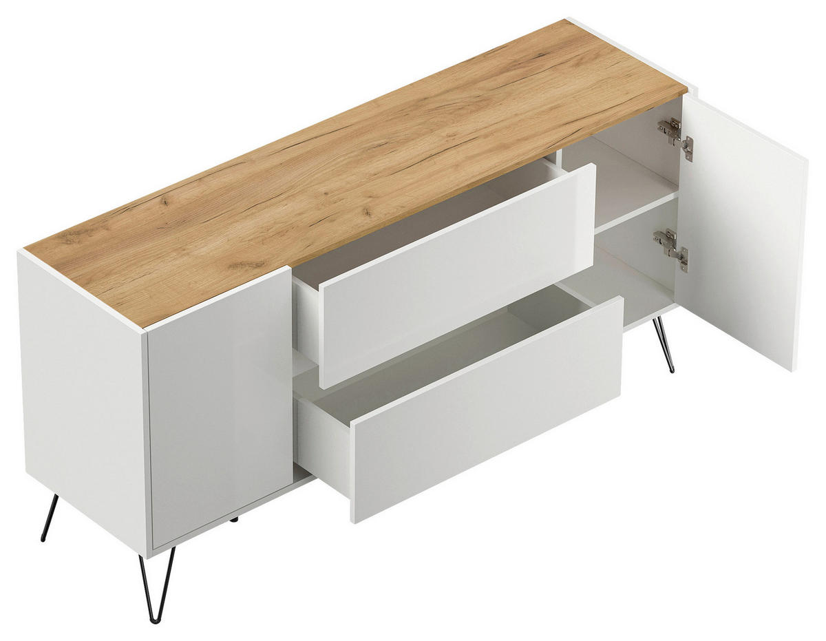 SIDEBOARD Posseik Industrial  in 155/75,8/42 cm  - Weiß Hochglanz/Eichefarben, Design, Holzwerkstoff/Metall (155/75,8/42cm) - P & B