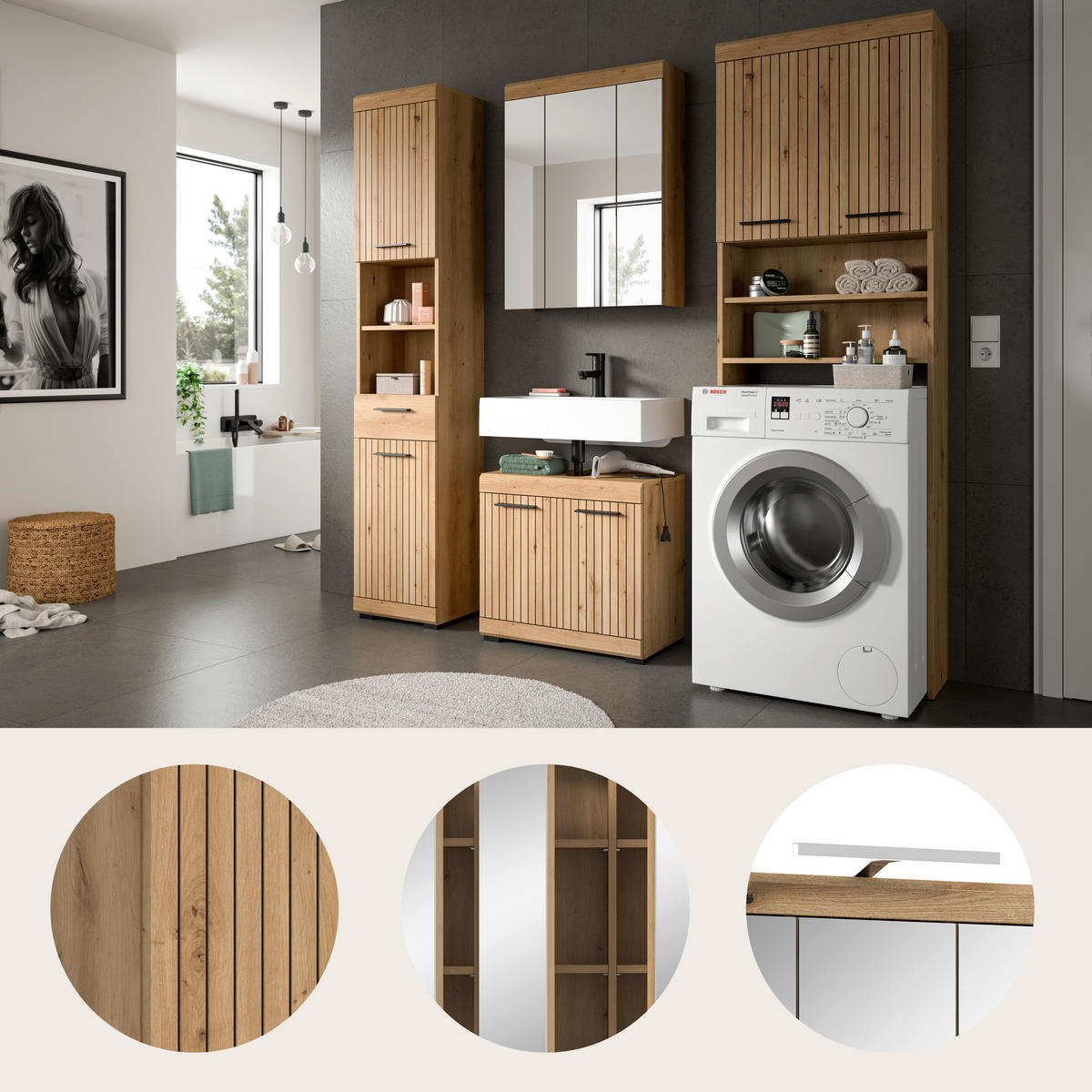 BADRUM 160 cm  - svart/ek Artisan, Trend, trämaterial/glas (160cm) - MID.YOU