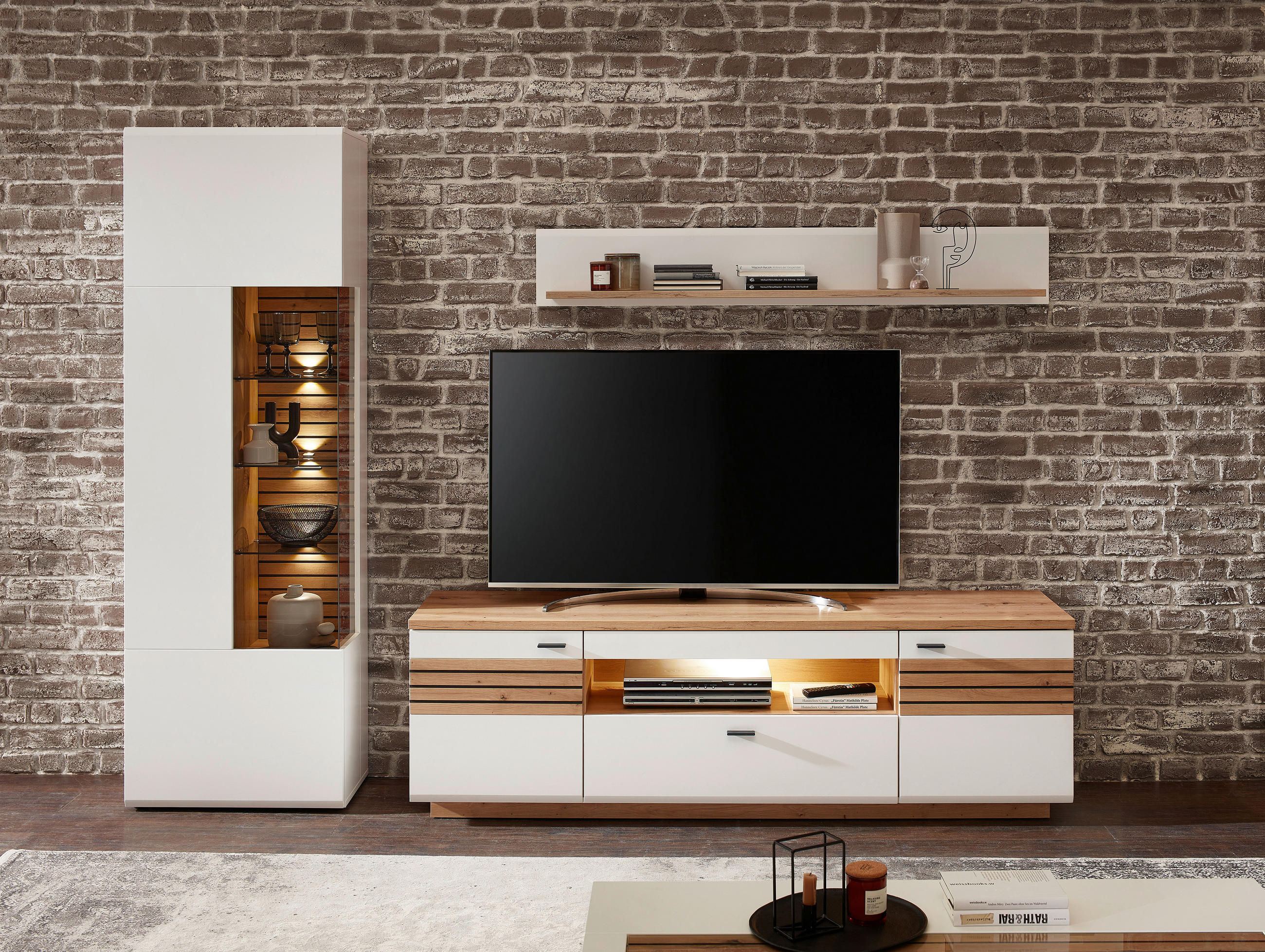 WOHNWAND 3-teilig  in Weiß, Eiche Artisan  270/201/47 cm  - Anthrazit/Weiß, Design, Glas/Holzwerkstoff (270/201/47cm) - Stylife