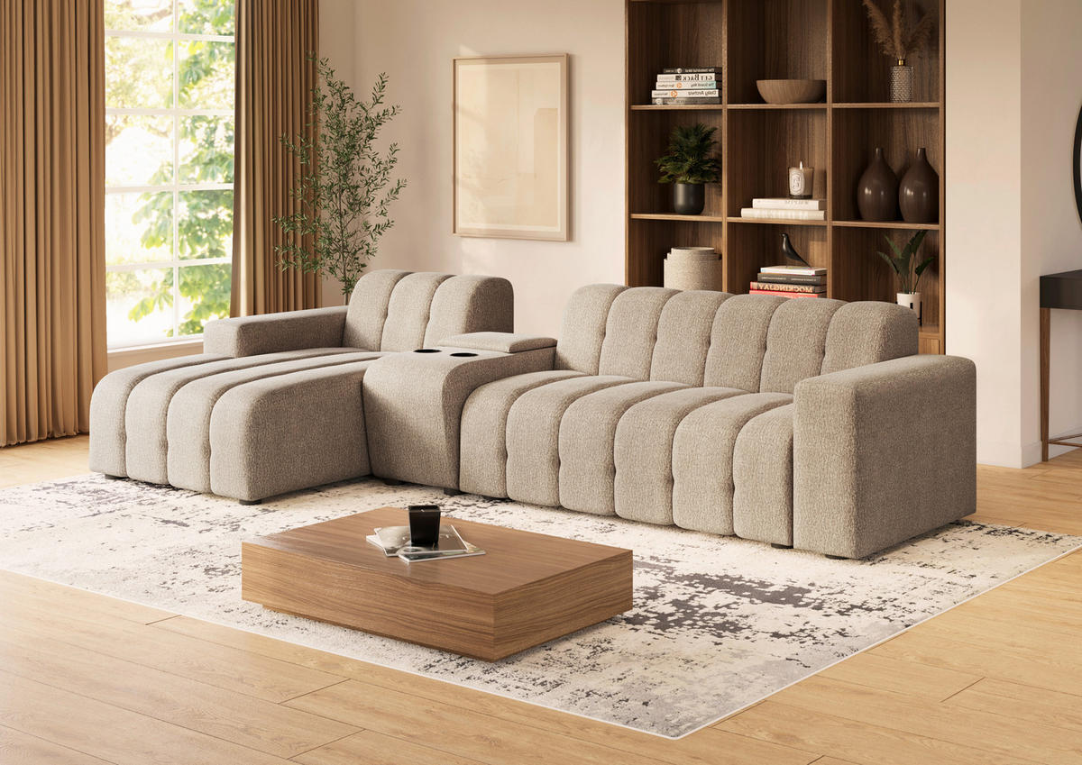 ECKSOFA Taupe Chenille Stauraum, Getränkehalter  - Taupe/Schwarz, MODERN, Kunststoff/Textil (150/299cm) - Milino