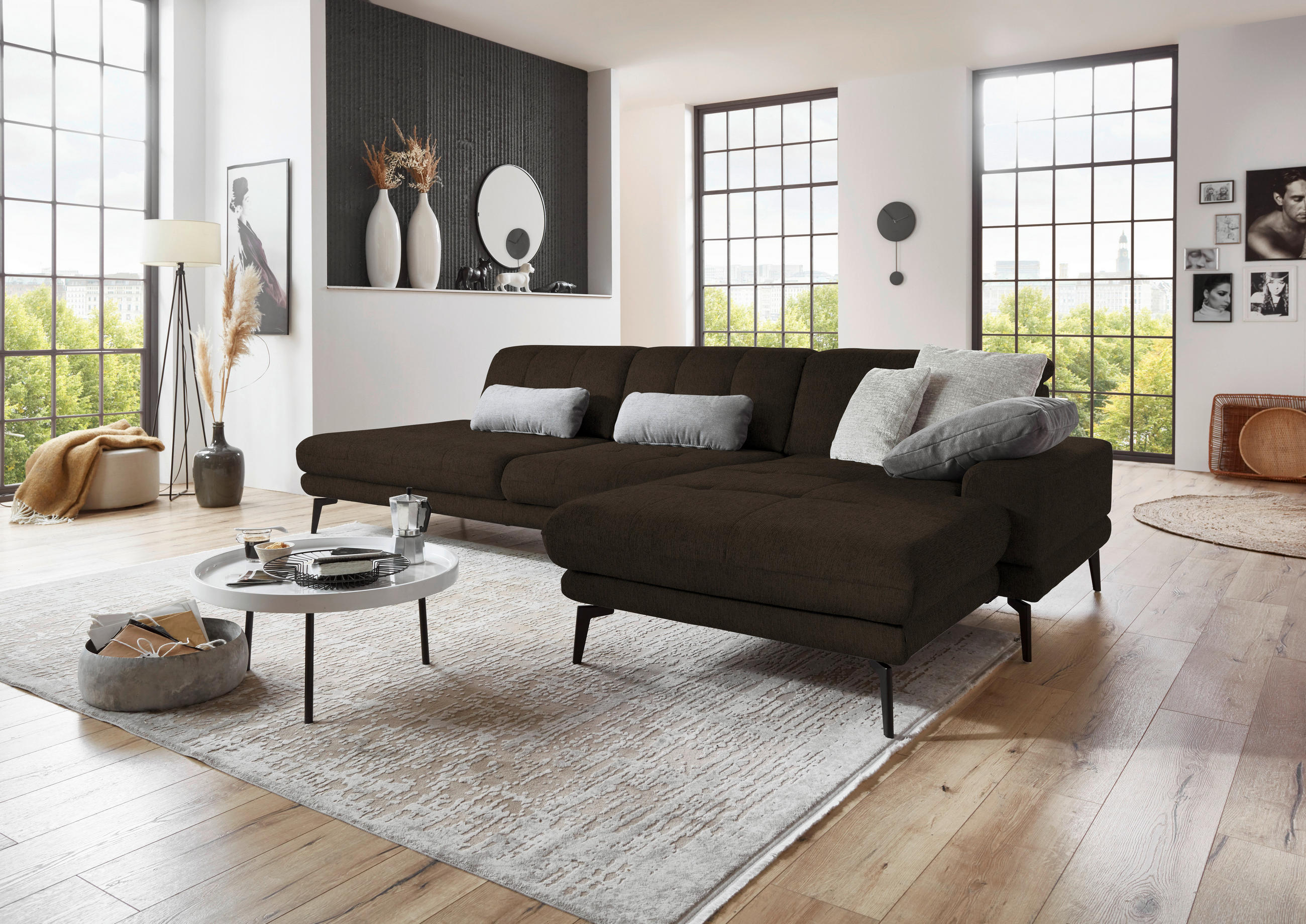 ECKSOFA in Flachgewebe Dunkelbraun  - Dunkelbraun/Schwarz, Design, Textil/Metall (309/190cm) - Beldomo Style