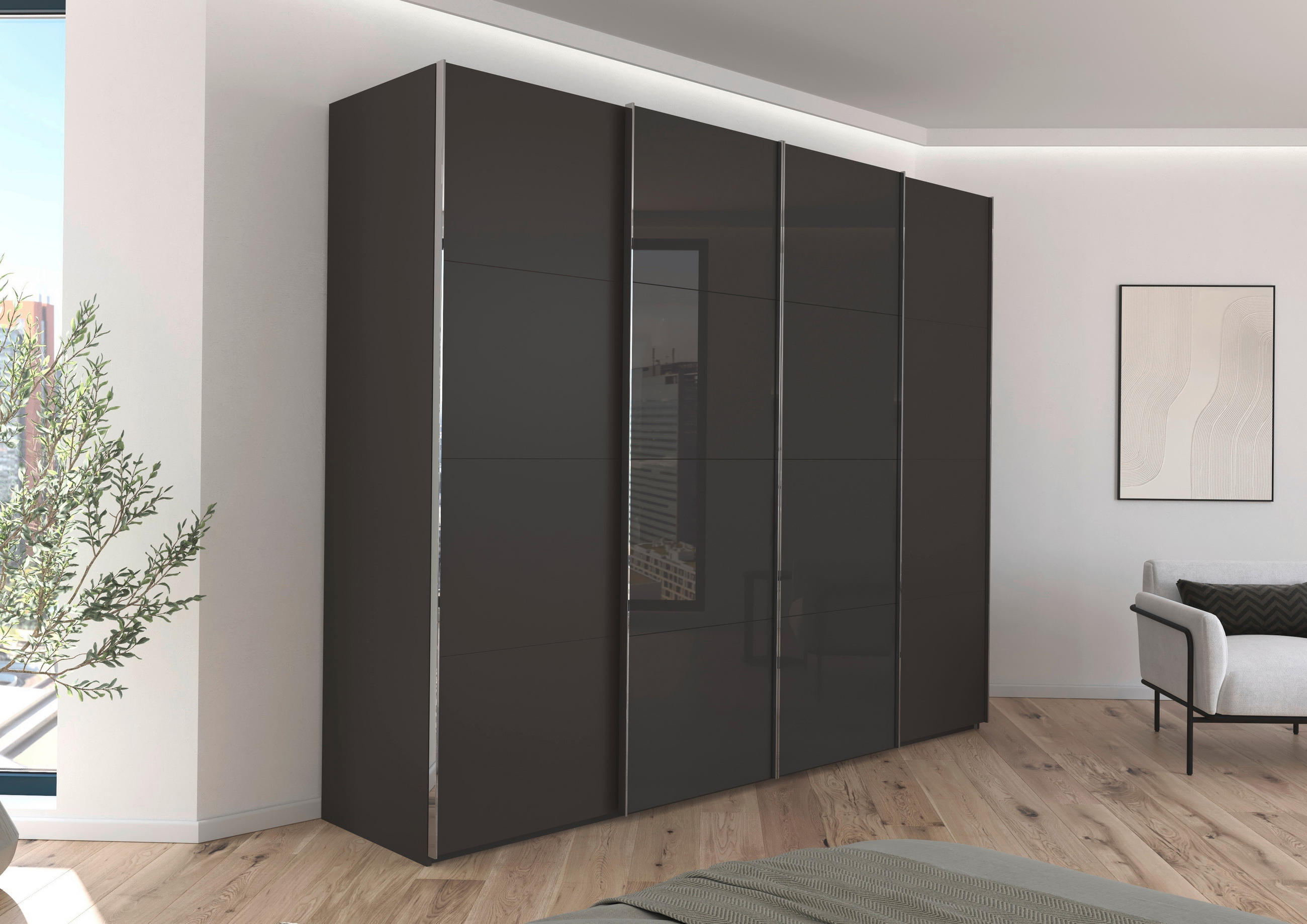 SCHWEBETÜRENSCHRANK 271/223/68 cm 4-türig Graphitfarben, Schwarz  - Chromfarben/Graphitfarben, KONVENTIONELL, Glas/Holzwerkstoff (271/223/68cm) - Novel