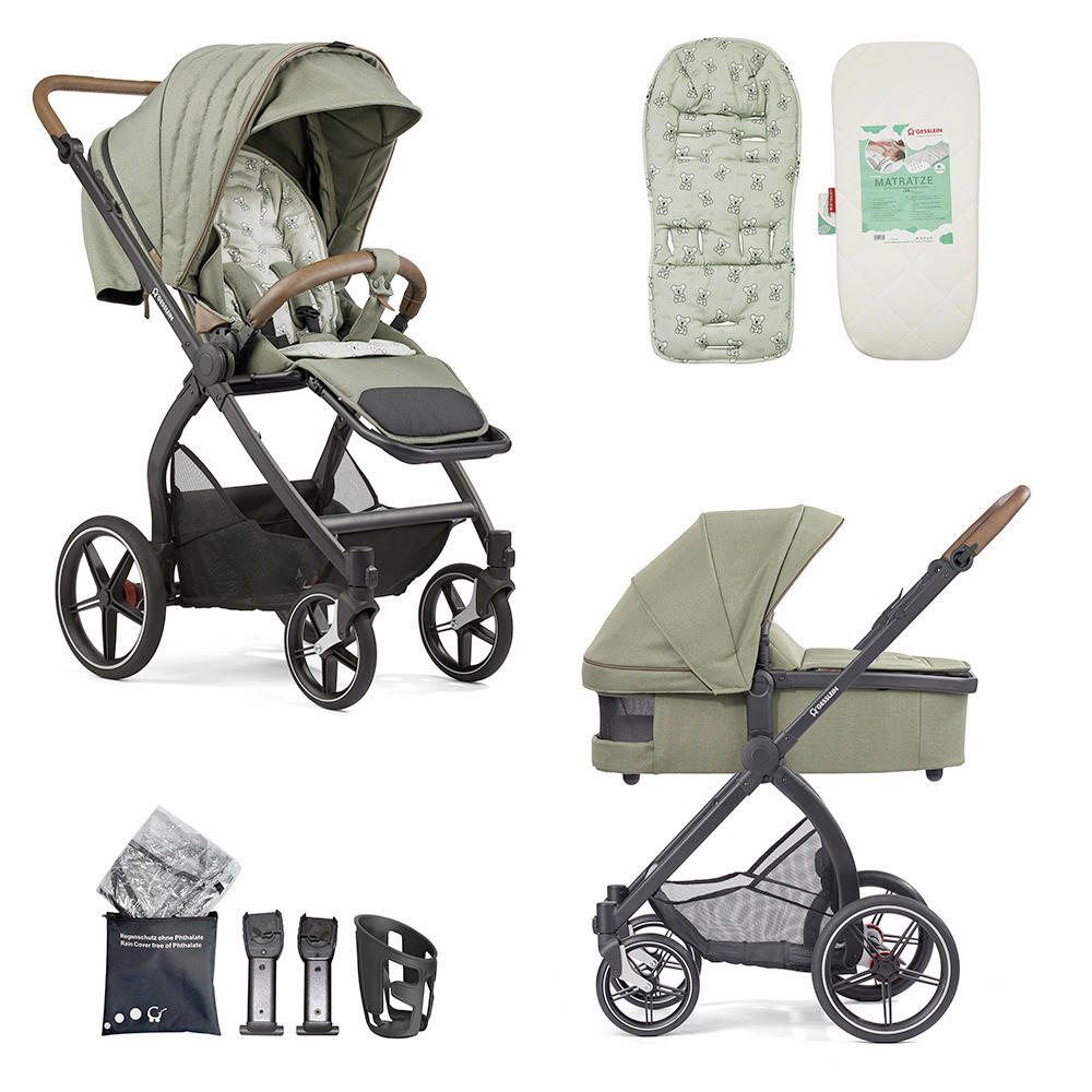 KOMBIKINDERWAGEN  FX4 Swing Set  Bärchen farngrün-tabak-grün  - Schwarz/Hellgrün, Basics, Textil (100/55/130cm) - Gesslein