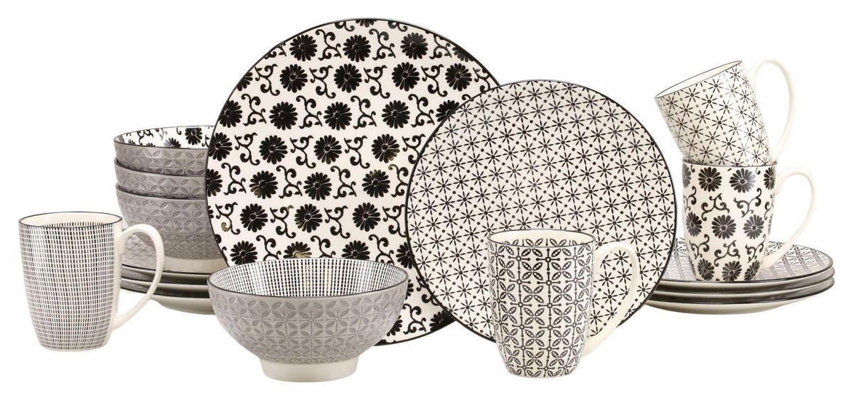 KOMBISERVICE Luna Black Line 16-teilig  - Schwarz/Weiß, Basics, Keramik - Creatable