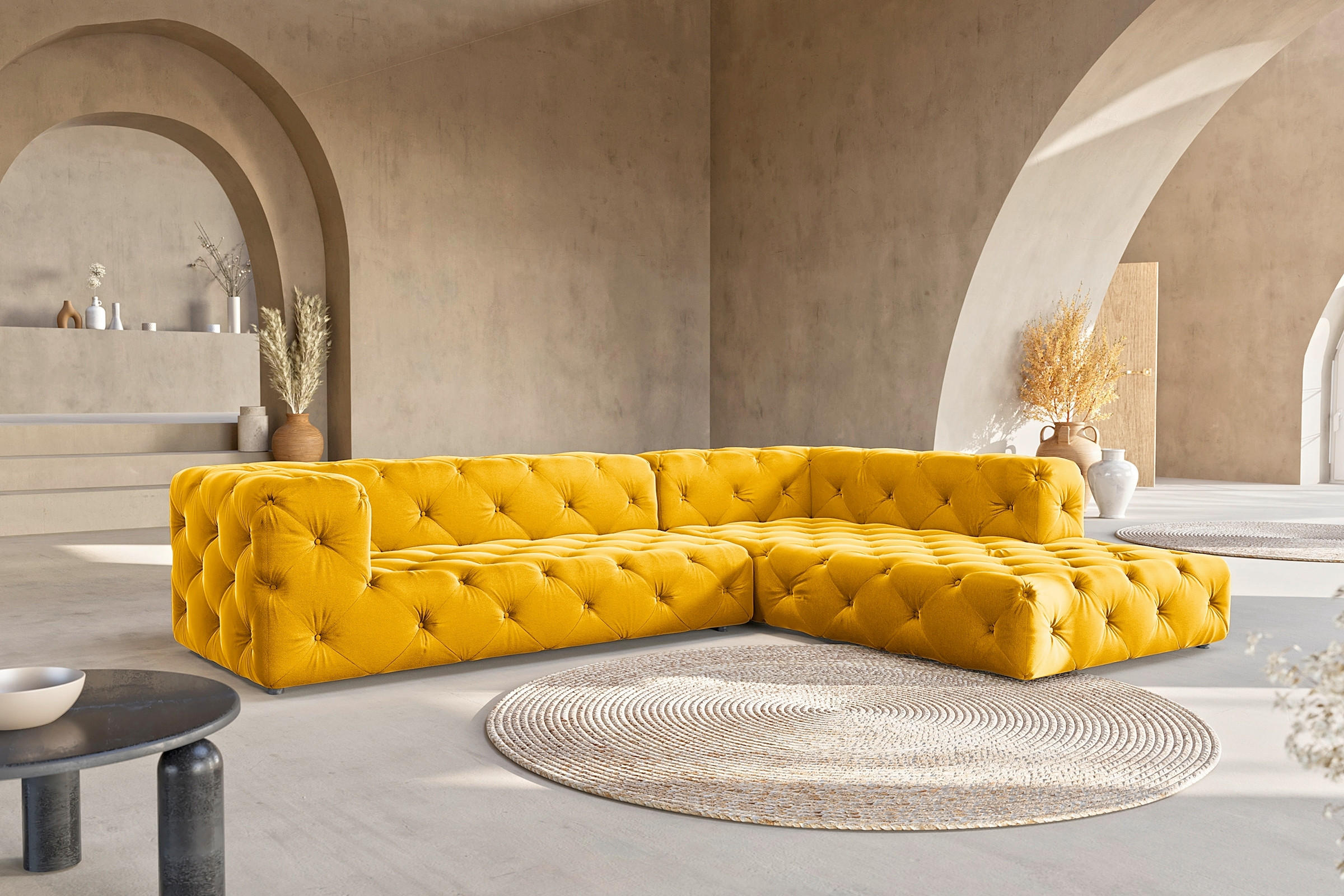 ECKSOFA Fresco in Samt Senfgelb  325/228 cm  - Senfgelb/Schwarz, Design, Kunststoff/Textil (325/228cm) - P & B