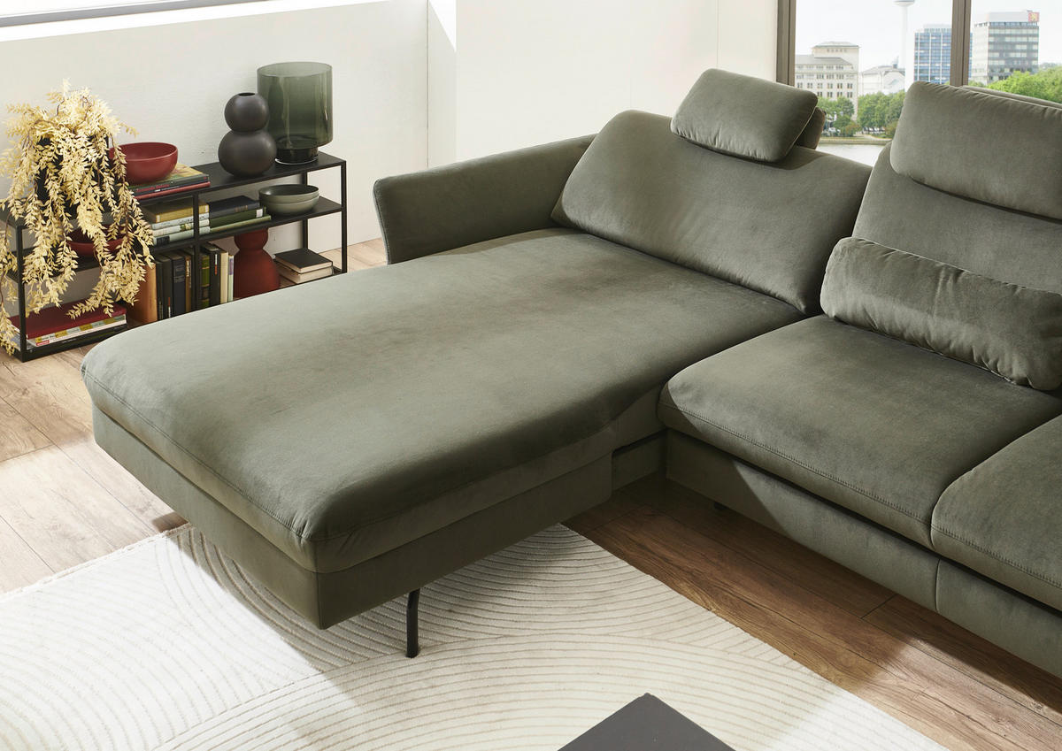 ECKSOFA in Velours Olivgrün  - Schwarz/Olivgrün, Design, Textil/Metall (179/306cm) - Beldomo System