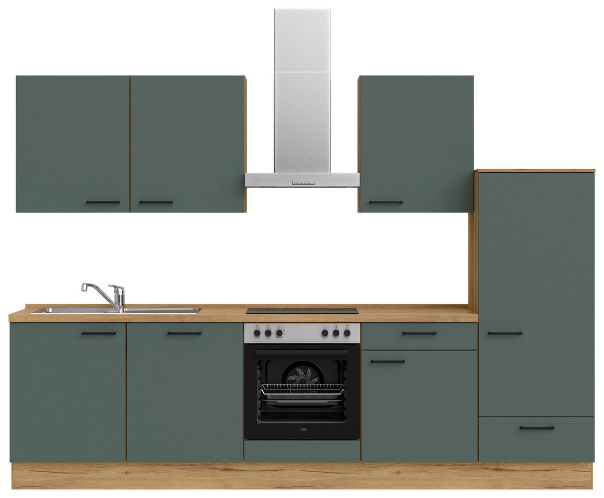 KÜCHENBLOCK Easytouch 300 cm  in Eichefarben, Dunkelgrün  - Dunkelgrün/Eichefarben, MODERN, Holzwerkstoff/Metall (300cm) - Nobilia