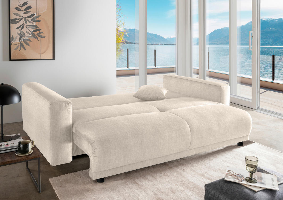 SCHLAFSOFA  mit Liegefunktion, Rücken echt Velours Creme  - Creme/Schwarz, MODERN, Kunststoff/Textil (245/86/126cm) - Livetastic