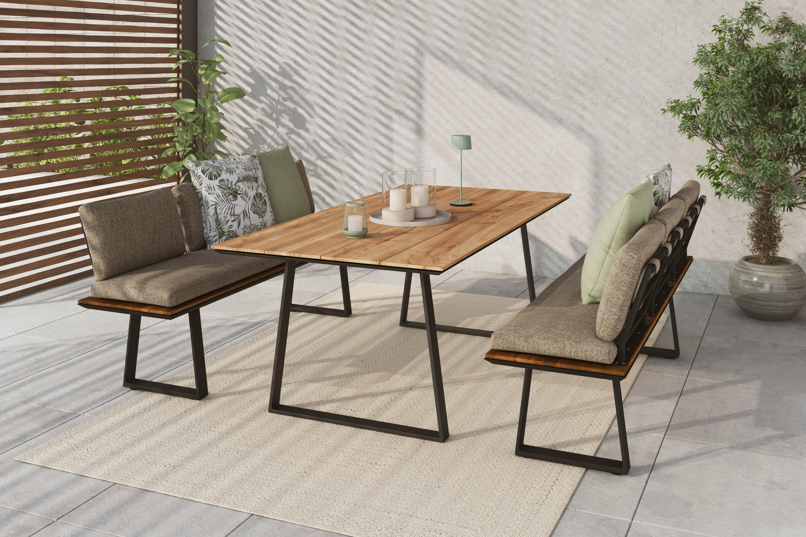 Thumbnail - Amatio Gartenbank, Grau, Schwarz, Teak, Holz, Metall, Textil, Recyclingholz, Teakholz, massiv, 3-Sitzer, 200x79x57 cm, G...