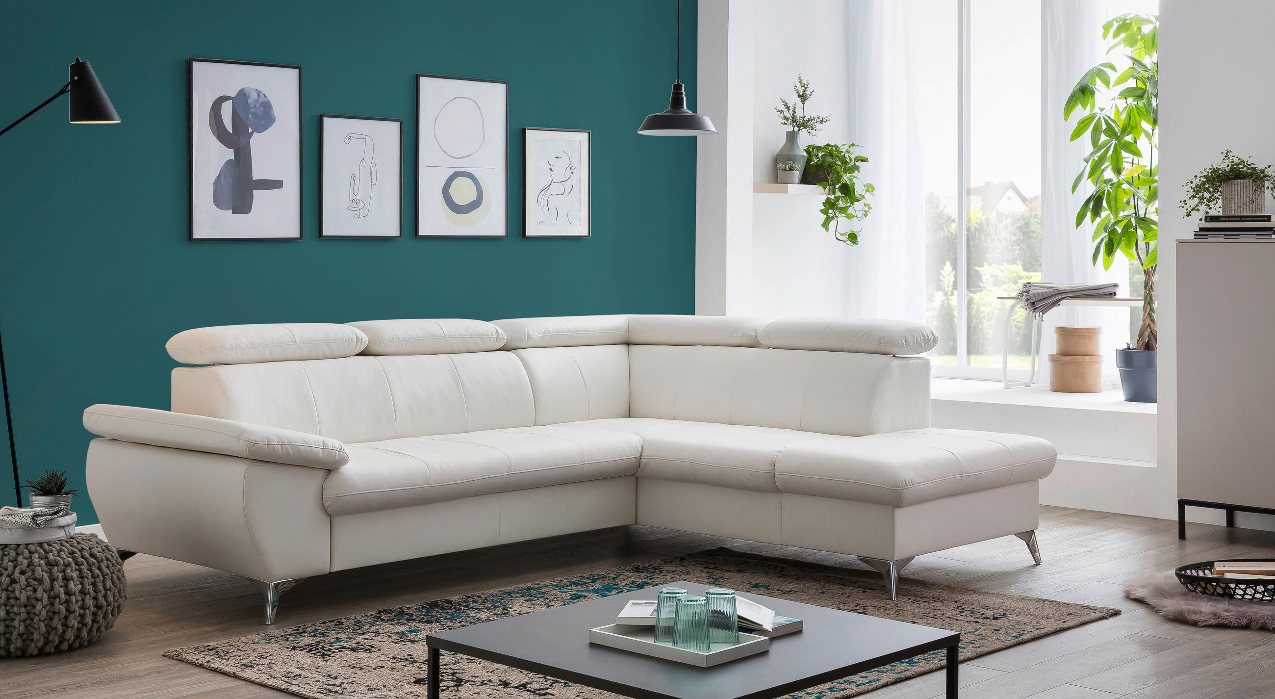 Thumbnail - Livetastic Ecksofa, Weiß, Textil, Ottomane rechts, L-Form, 256x209 cm, Made in EU, Typenauswahl, Stoffauswahl, seitenver...