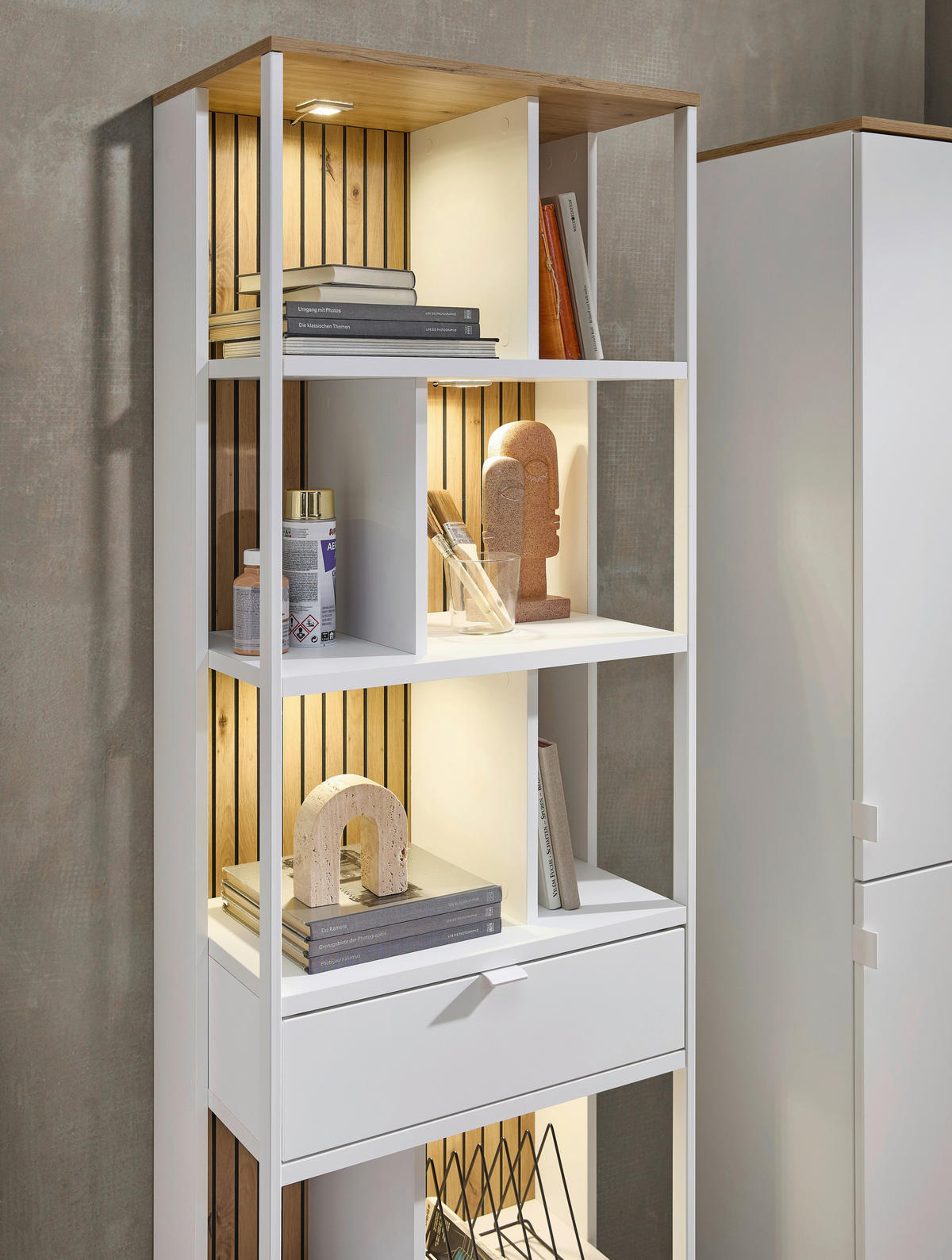 AKTENREGAL Weiß, Eiche Artisan  - Schwarz/Weiß, KONVENTIONELL, Holzwerkstoff/Metall (60/198/38cm) - Voleo