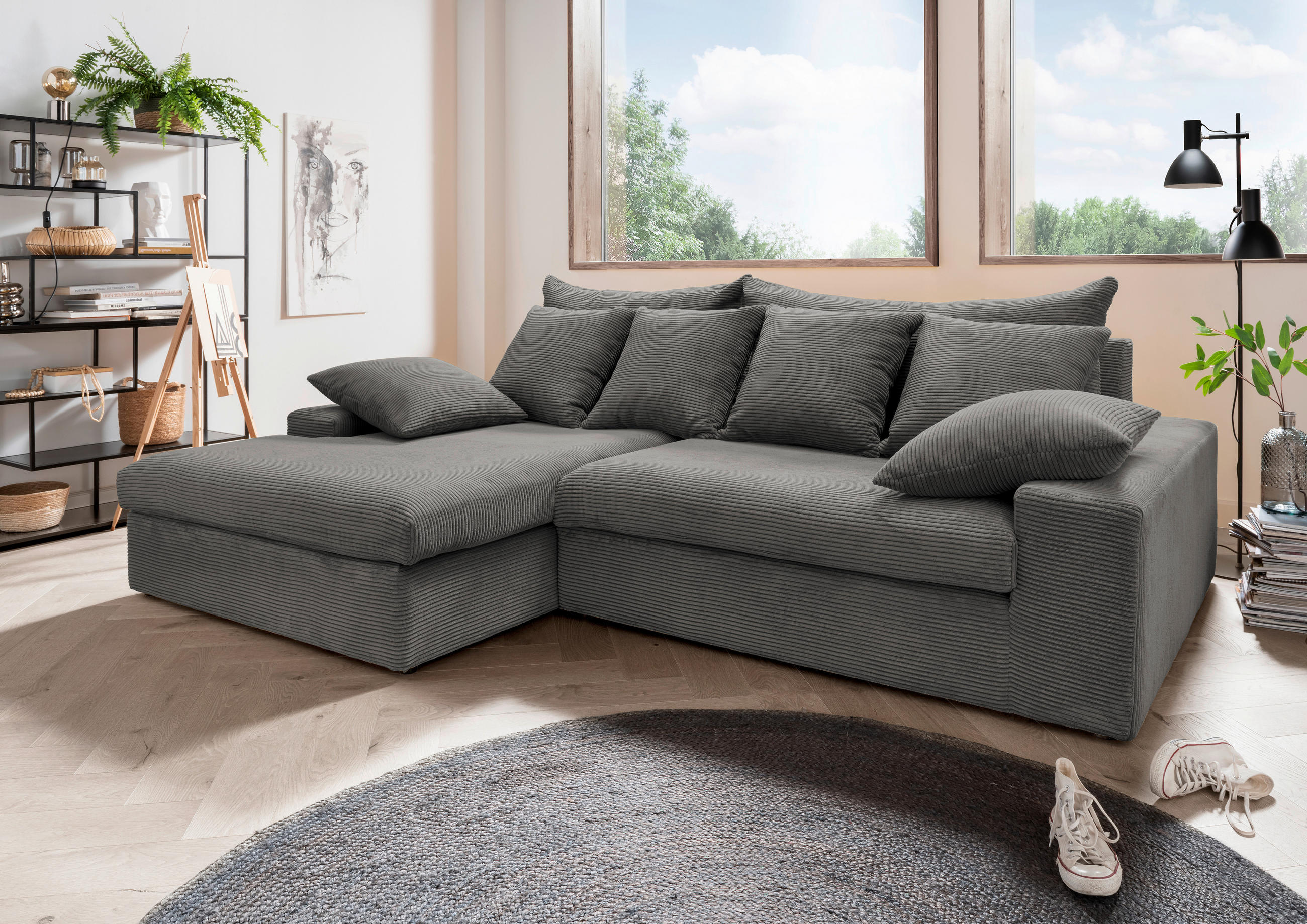 ECKSOFA Grau Cord  - Schwarz/Grau, MODERN, Kunststoff/Textil (200/278cm) - Livetastic