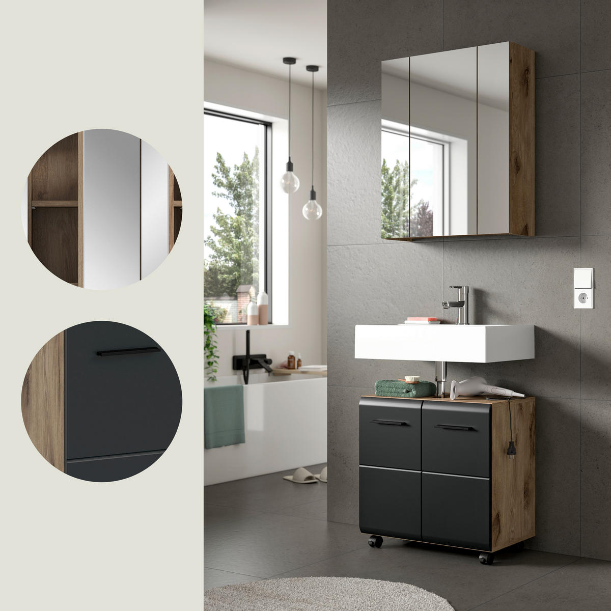 BADEZIMMER 2-teilig  in 60 cm  - Eiche dunkel/Schwarz, Trend, Glas/Holzwerkstoff (60cm) - MID.YOU
