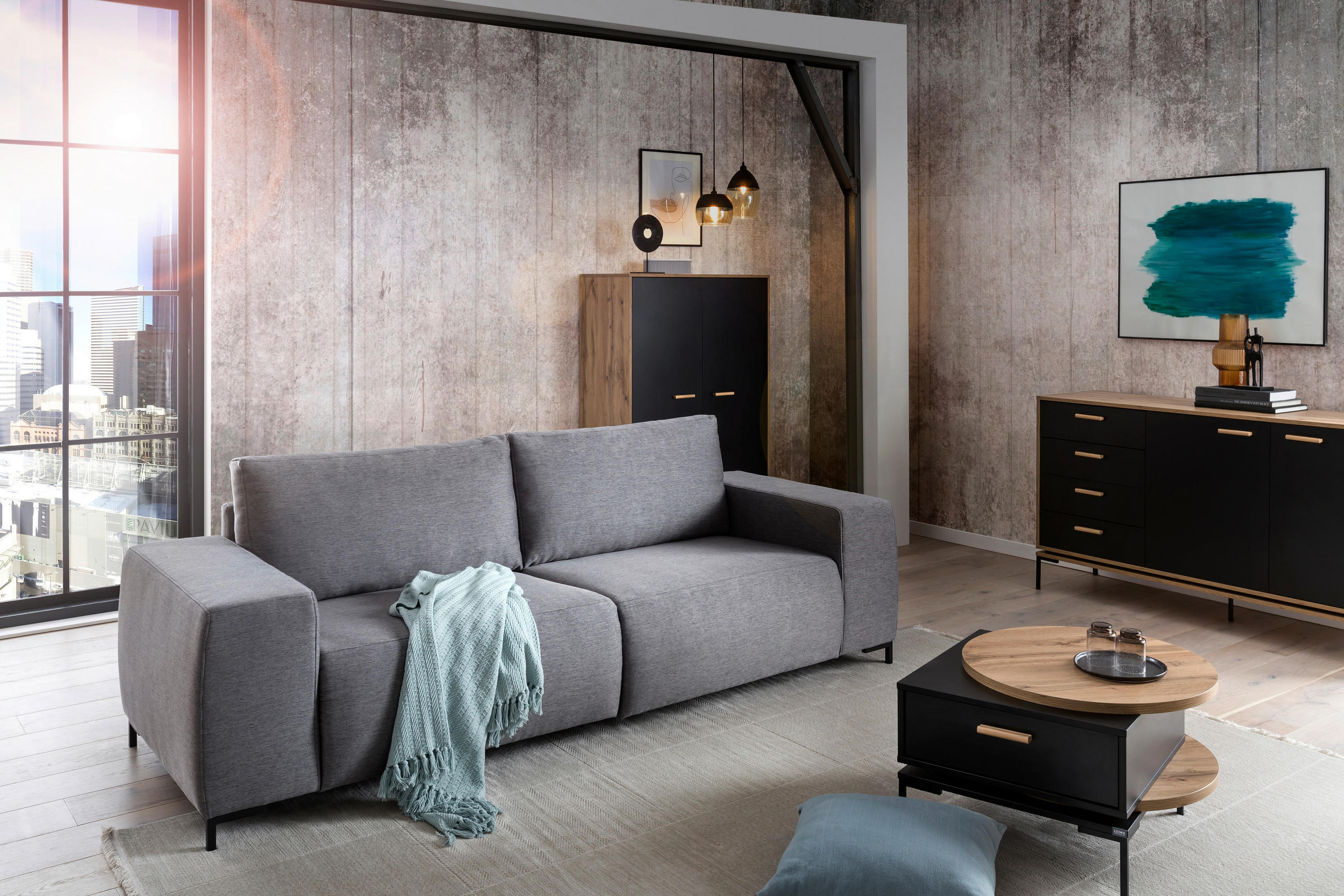 BIGSOFA Webstoff Grau  - Schwarz/Grau, Design, Textil/Metall (242/88/88cm) - LOOKS by W.Joop