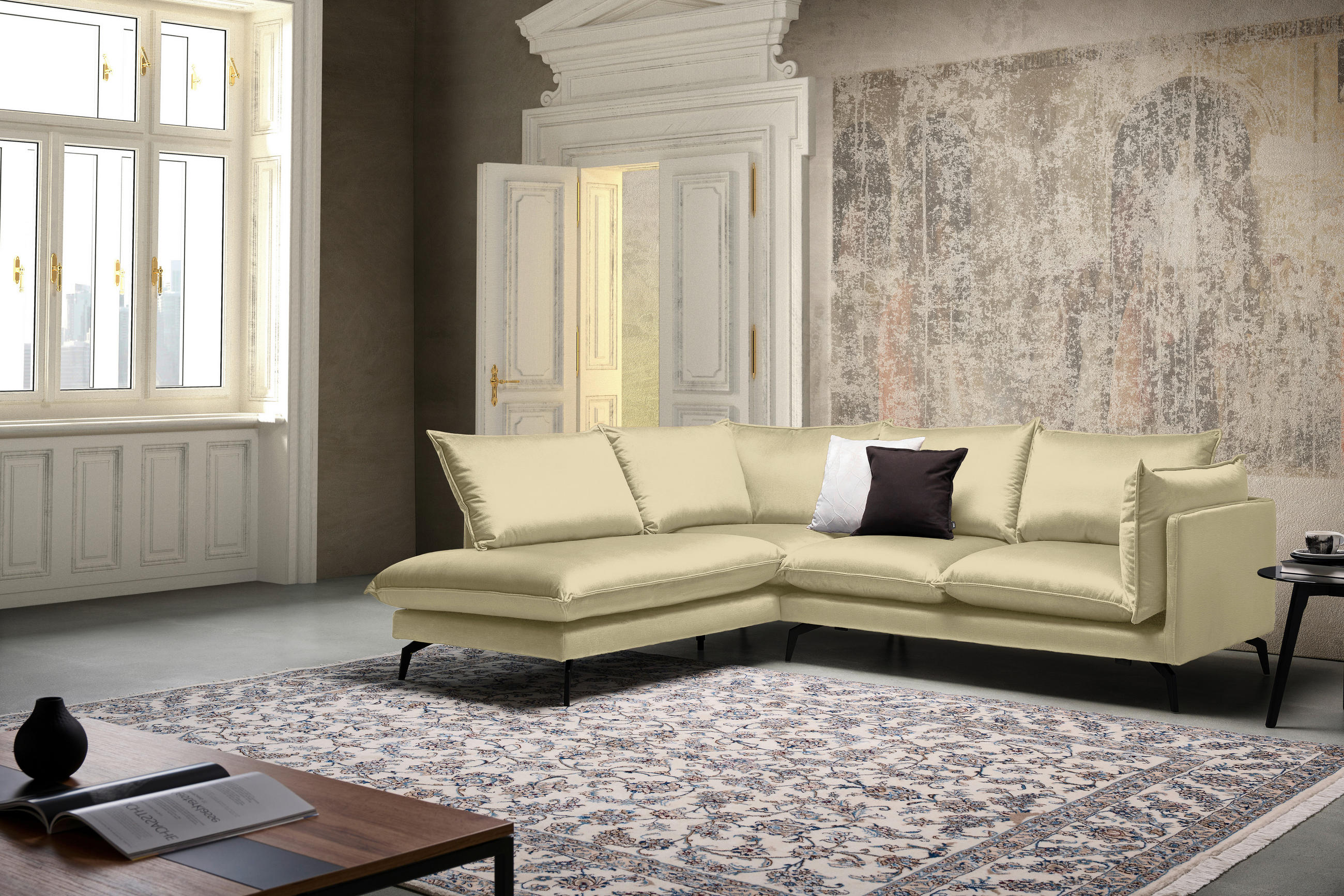 ECKSOFA in Samt Beige  - Beige/Schwarz, Design, Textil/Metall (200/241cm) - Carryhome
