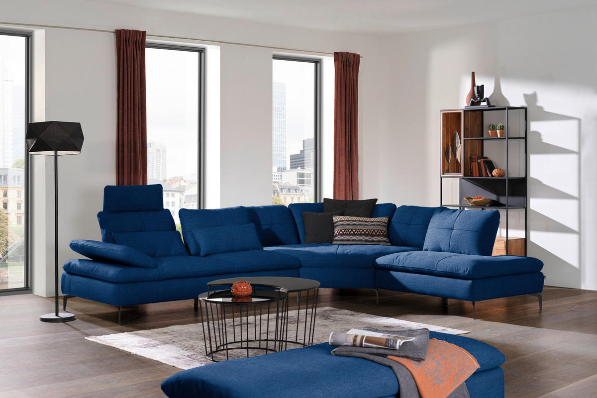 ECKSOFA in Flachgewebe Blau  - Blau/Schwarz, Design, Textil/Metall (344/271cm) - Chilliano