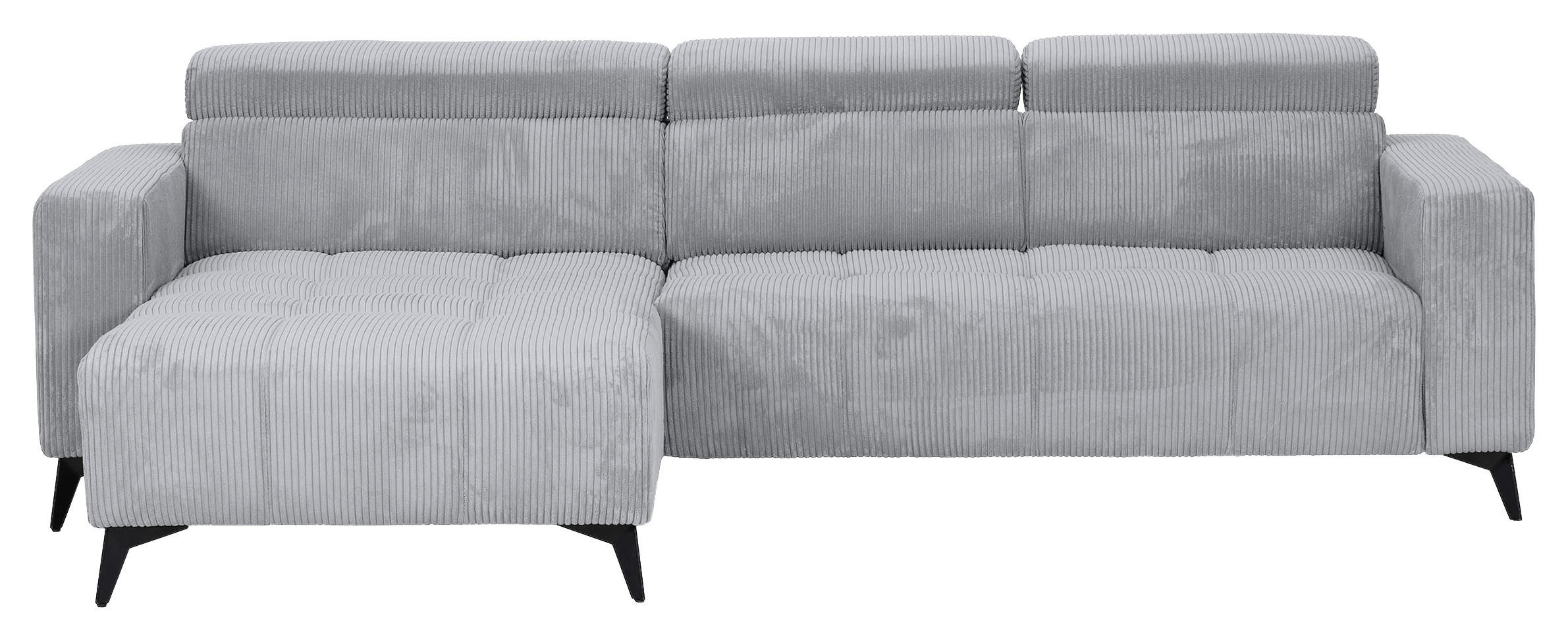 ECKSOFA Hellgrau Cord Rücken echt, Kopfteilverstellung, Sitzvorzug  - Hellgrau/Schwarz, KONVENTIONELL, Textil/Metall (170/257cm) - Carryhome