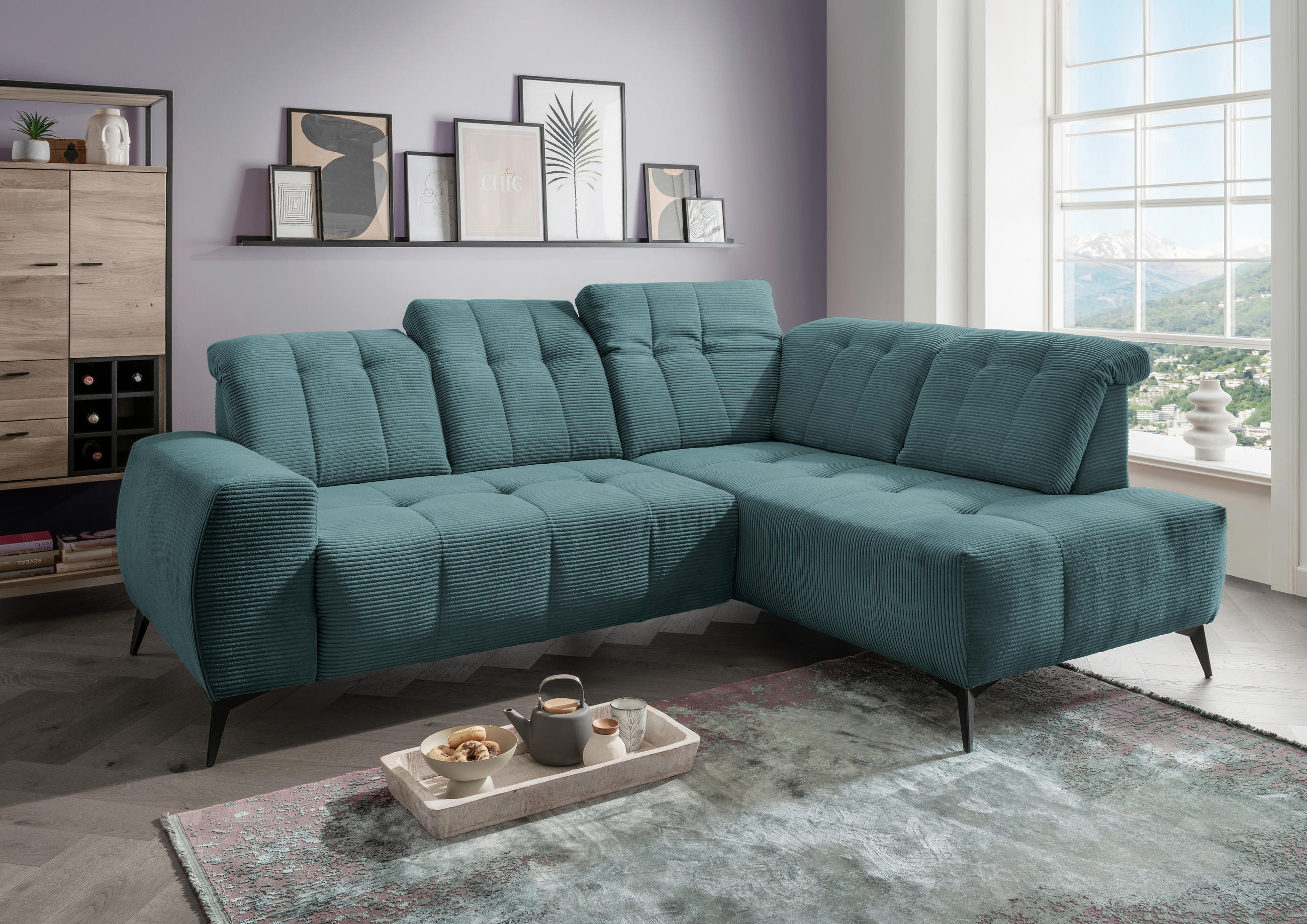 ECKSOFA Petrol Cord  - Petrol/Schwarz, MODERN, Textil/Metall (261/200cm) - Livetastic