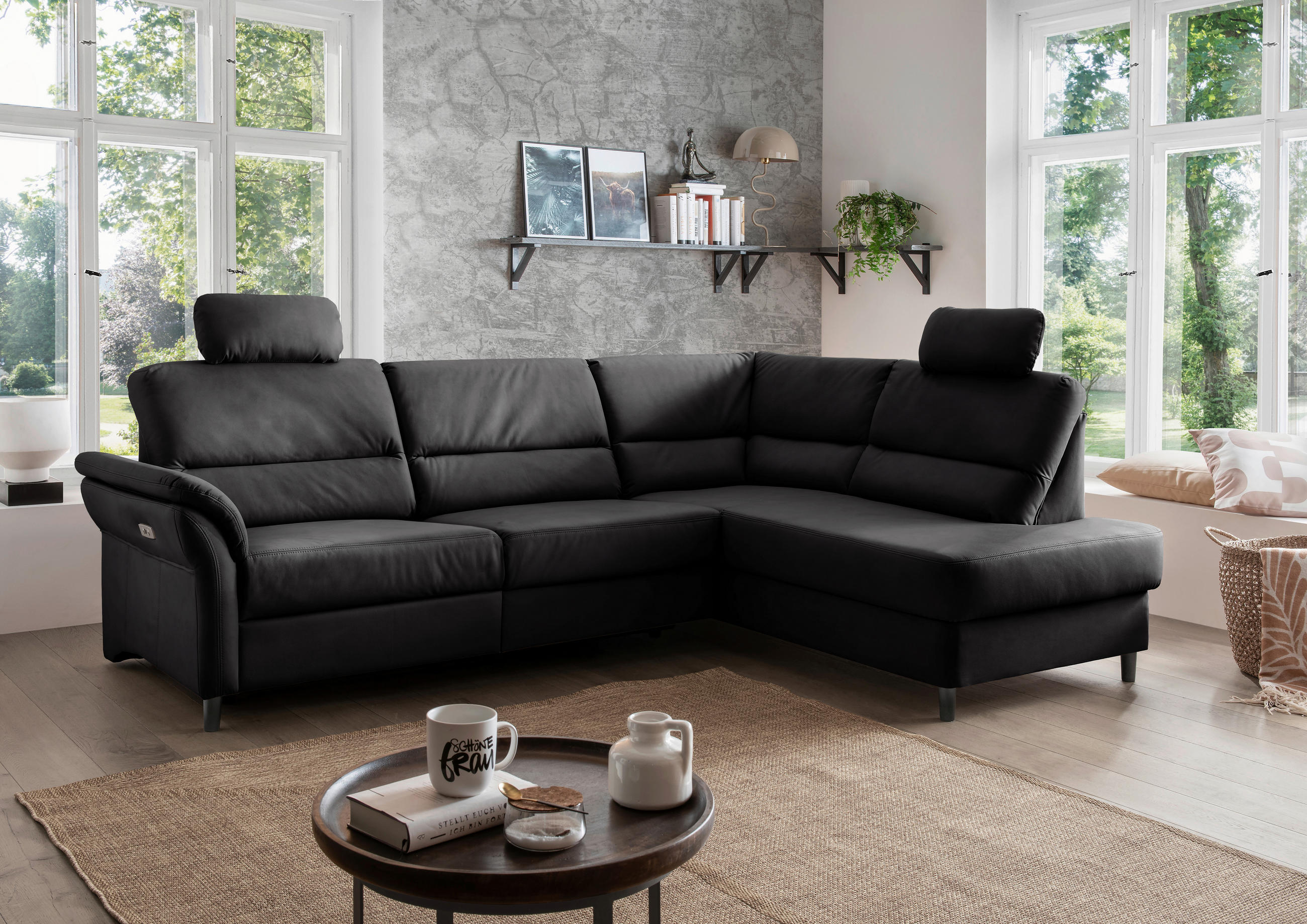 ECKSOFA Schwarz Lederlook  - Schwarz, MODERN, Holz/Textil (266/190cm) - Livetastic